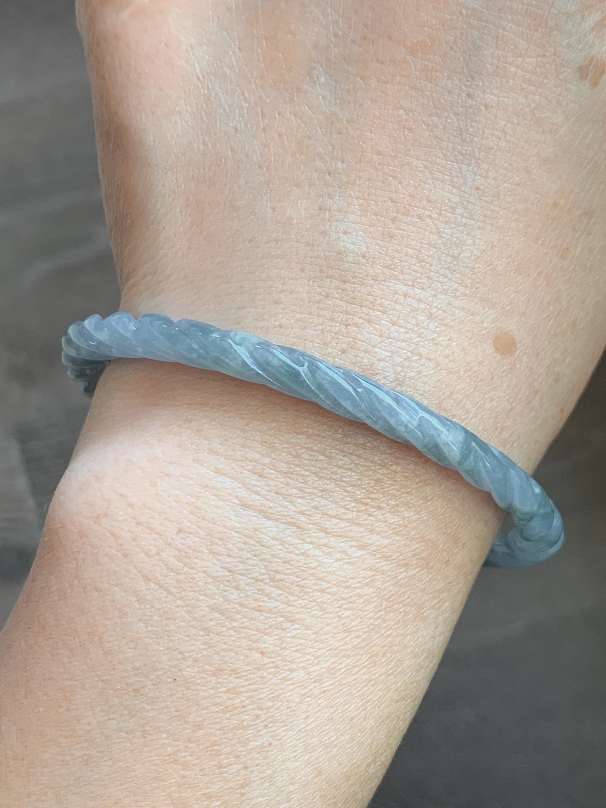 Certified Natural Grade A Guatemalan Icy Translucent Pastel Dusty Blue Jade Jadeite Carved Braid Slim Bangle 60mm 7.4” 天然冰危浅灰蓝翡翠细麻花手镯 194