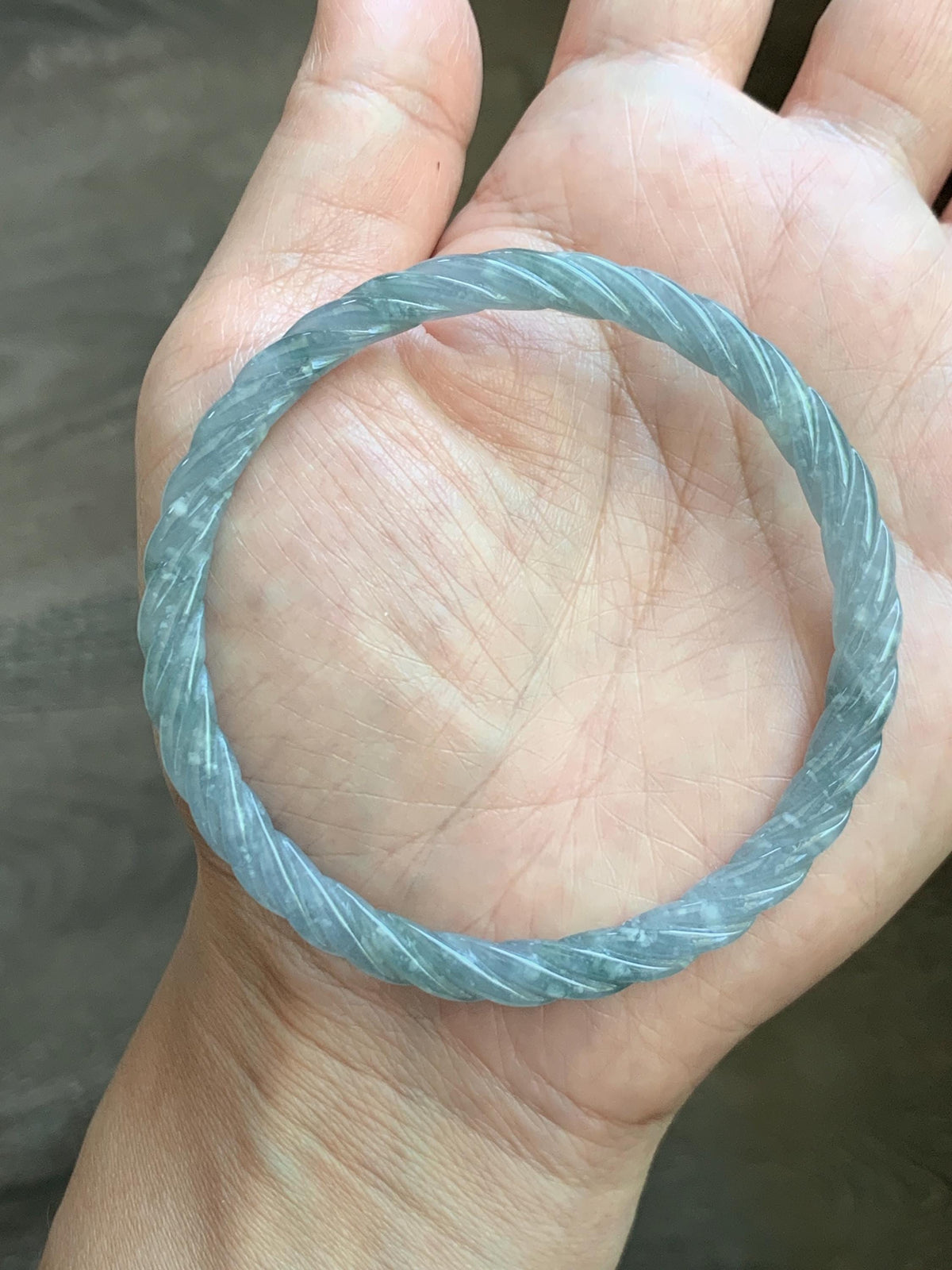 Certified Natural Grade A Guatemalan Icy Translucent Pastel Dusty Blue Jade Jadeite Carved Braid Slim Bangle 60mm 7.4” 天然冰危浅灰蓝翡翠细麻花手镯 194