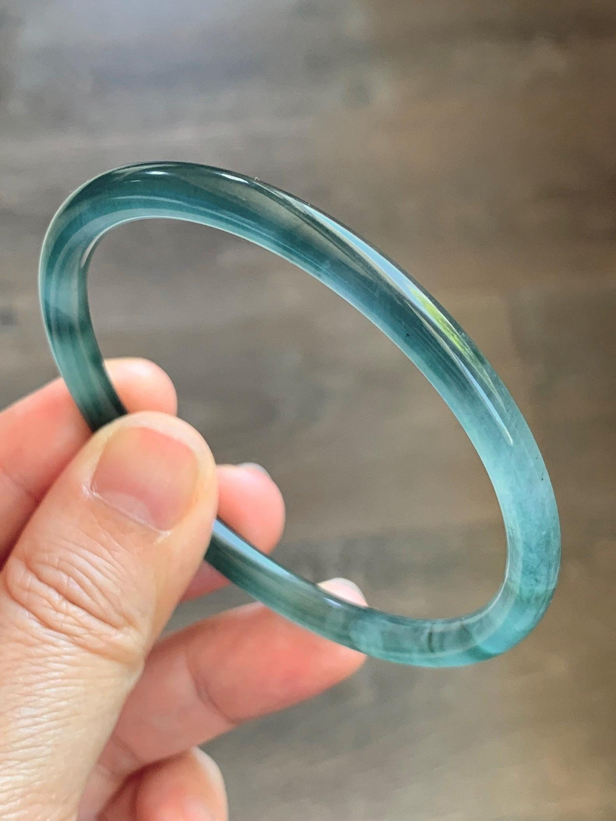 Certified Natural Grade A Guatemalan Icy Translucent Dark Teal Green Jade Jadeite Slim Bangle 57.8mm 7.14” 15.52g 天然冰胶危深蓝绿翡翠细圆条手镯 1185