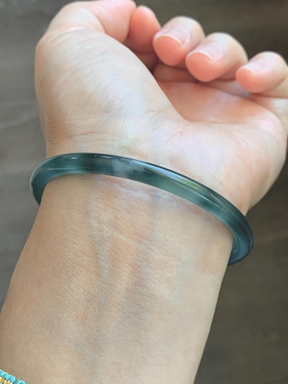 Certified Natural Grade A Guatemalan Icy Translucent Dark Teal Green Jade Jadeite Slim Bangle 57.8mm 7.14” 15.52g 天然冰胶危深蓝绿翡翠细圆条手镯 1185