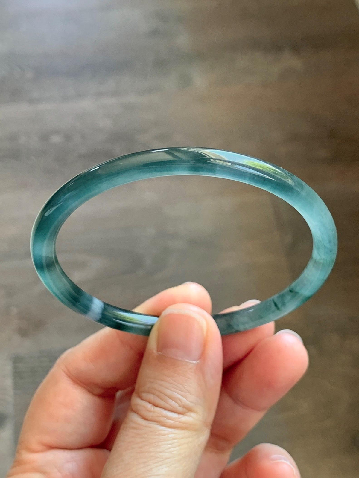 Certified Natural Grade A Guatemalan Icy Translucent Dark Teal Green Jade Jadeite Slim Bangle 57.8mm 7.14” 15.52g 天然冰胶危深蓝绿翡翠细圆条手镯 1185