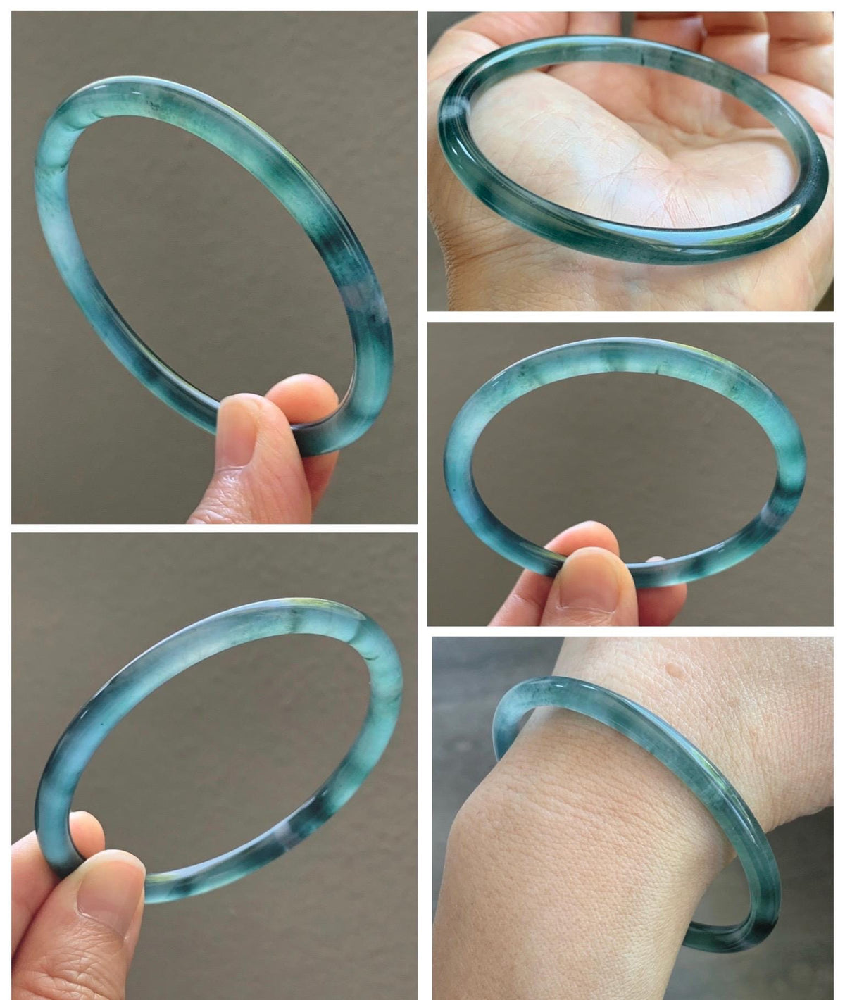 Certified Natural Grade A Guatemalan Icy Translucent Dark Teal Green Jade Jadeite Slim Bangle 57.8mm 7.14” 15.52g 天然冰胶危深蓝绿翡翠细圆条手镯 1185