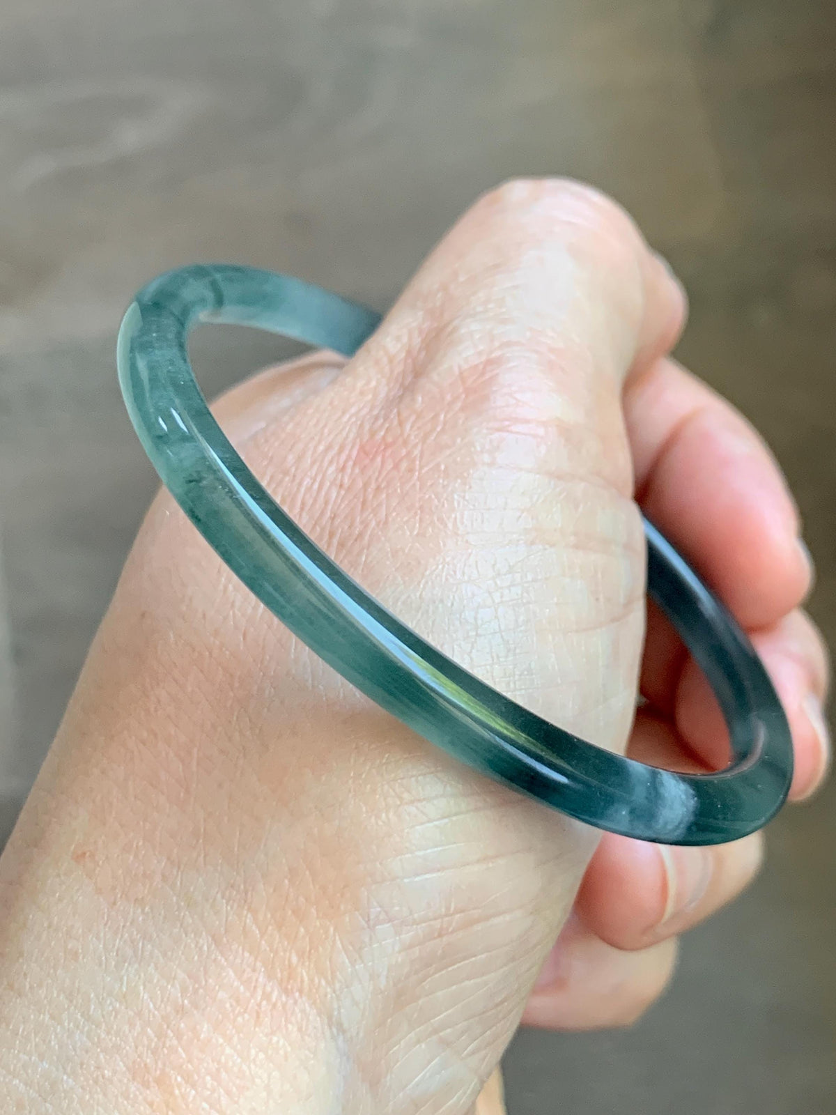 Certified Natural Grade A Guatemalan Icy Translucent Dark Teal Green Jade Jadeite Slim Bangle 57.8mm 7.14” 15.52g 天然冰胶危深蓝绿翡翠细圆条手镯 1185
