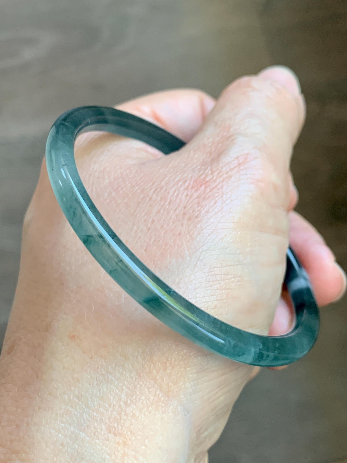 Certified Natural Grade A Guatemalan Icy Translucent Dark Teal Green Jade Jadeite Slim Bangle 57.8mm 7.14” 15.52g 天然冰胶危深蓝绿翡翠细圆条手镯 1185