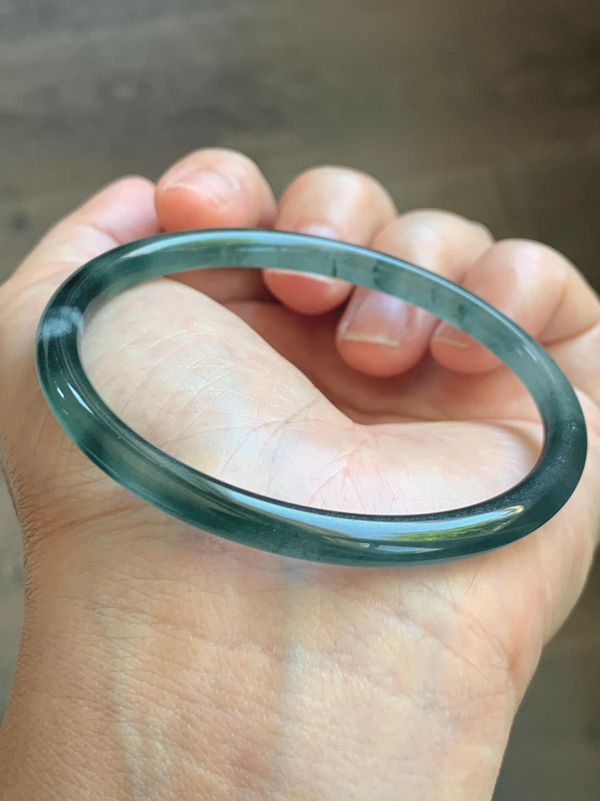 Certified Natural Grade A Guatemalan Icy Translucent Dark Teal Green Jade Jadeite Slim Bangle 57.8mm 7.14” 15.52g 天然冰胶危深蓝绿翡翠细圆条手镯 1185
