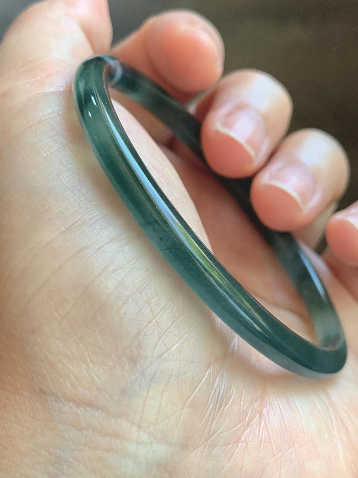 Certified Natural Grade A Guatemalan Icy Translucent Dark Teal Green Jade Jadeite Slim Bangle 57.8mm 7.14” 15.52g 天然冰胶危深蓝绿翡翠细圆条手镯 1185