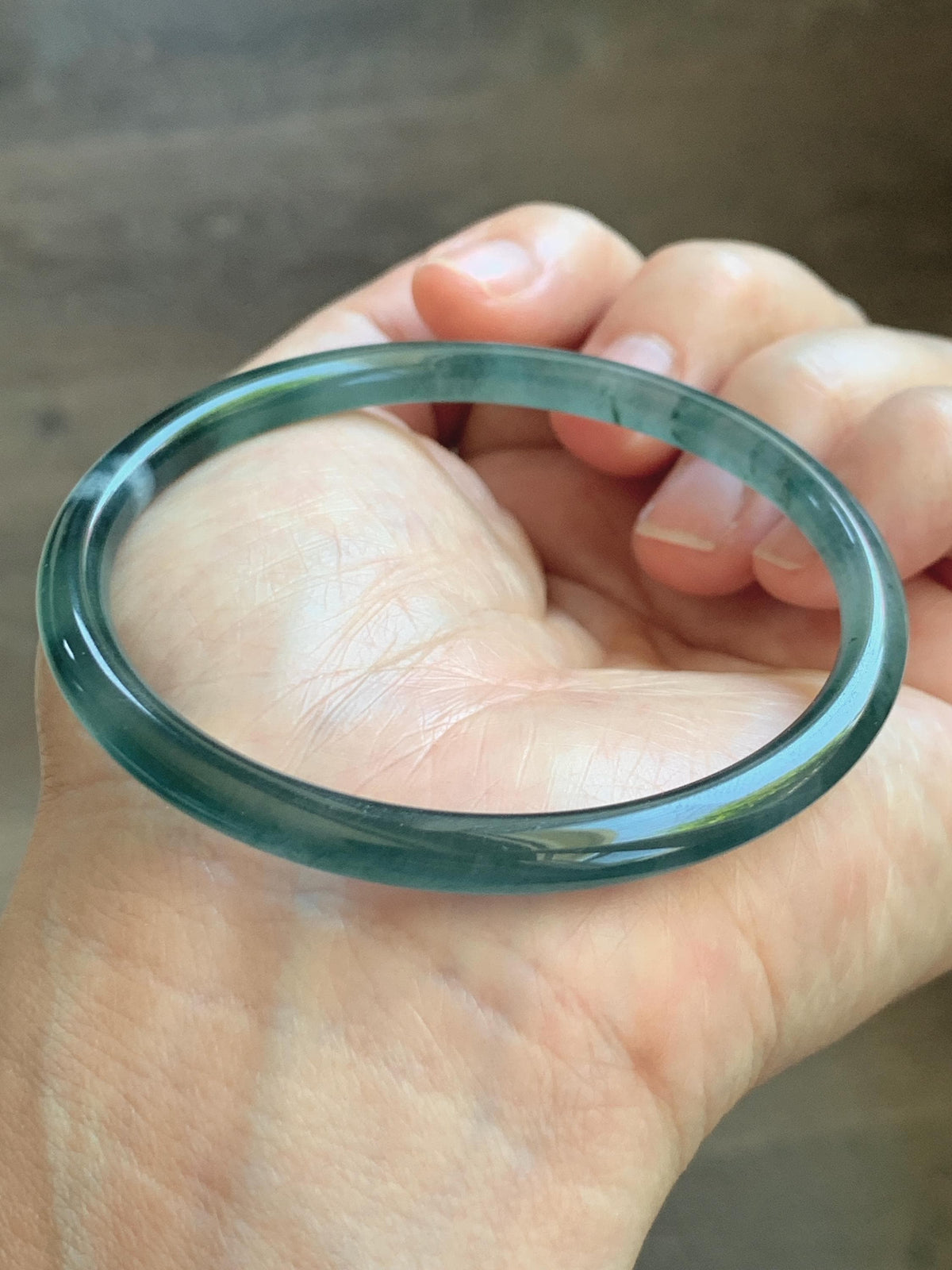 Certified Natural Grade A Guatemalan Icy Translucent Dark Teal Green Jade Jadeite Slim Bangle 57.8mm 7.14” 15.52g 天然冰胶危深蓝绿翡翠细圆条手镯 1185