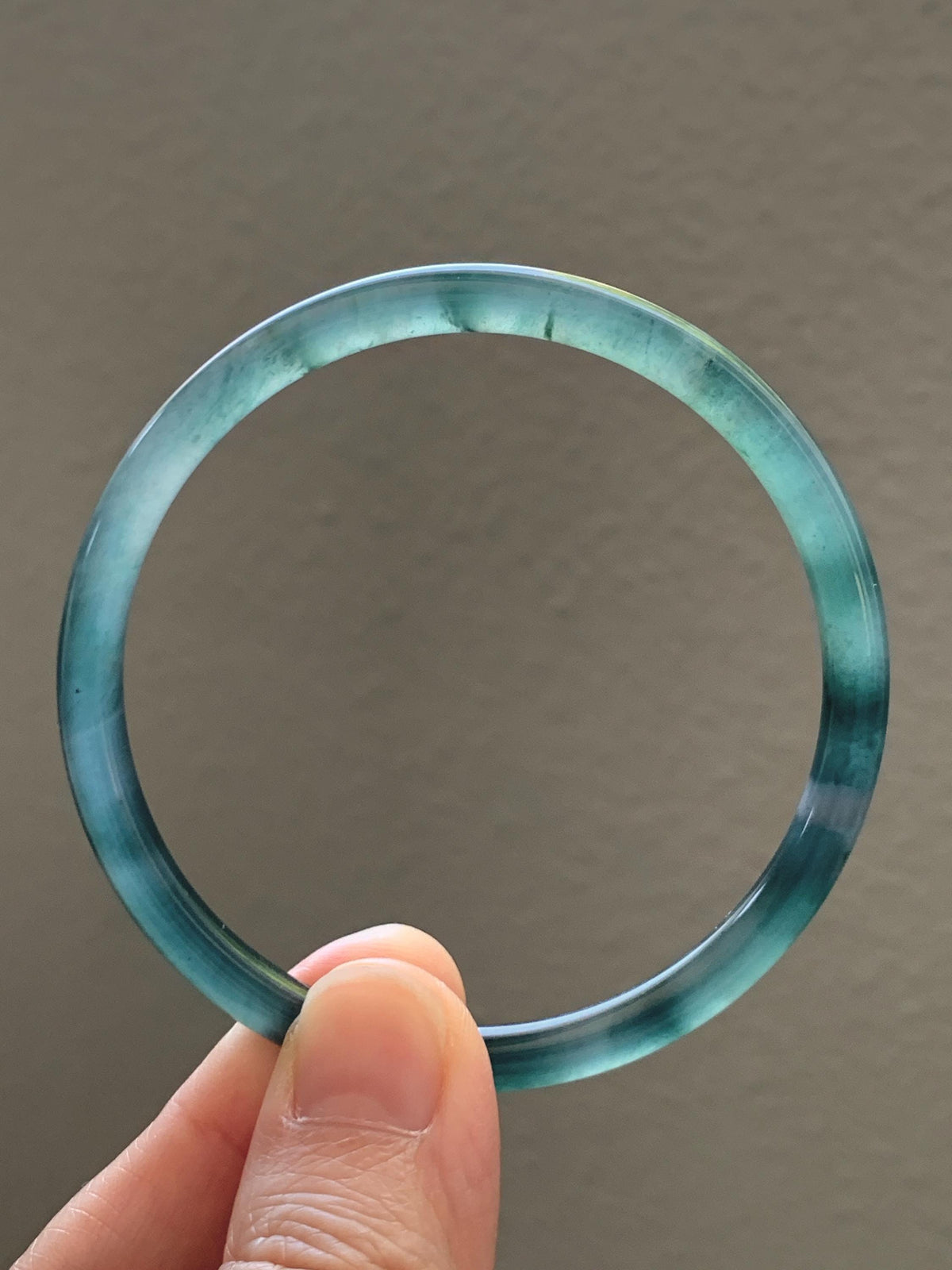 Certified Natural Grade A Guatemalan Icy Translucent Dark Teal Green Jade Jadeite Slim Bangle 57.8mm 7.14” 15.52g 天然冰胶危深蓝绿翡翠细圆条手镯 1185