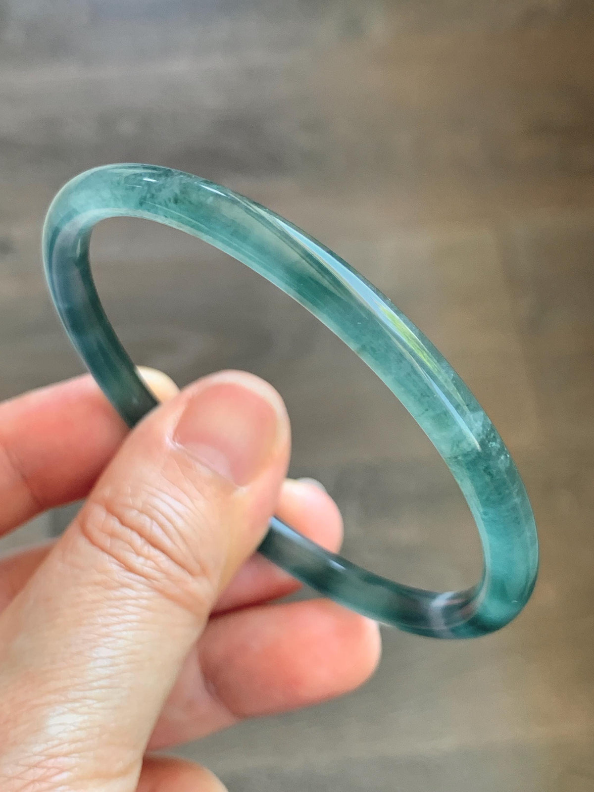 Certified Natural Grade A Guatemalan Icy Translucent Dark Teal Green Jade Jadeite Slim Bangle 57.8mm 7.14” 15.52g 天然冰胶危深蓝绿翡翠细圆条手镯 1185