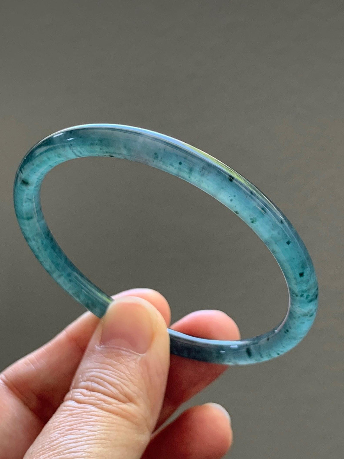 Certified Natural Grade A Guatemalan Icy Translucent Dark Teal Green Jade Jadeite Slim Bangle 56.3mm 6.96” 16.54g 天然冰胶危深蓝绿翡翠细圆条手镯 1193