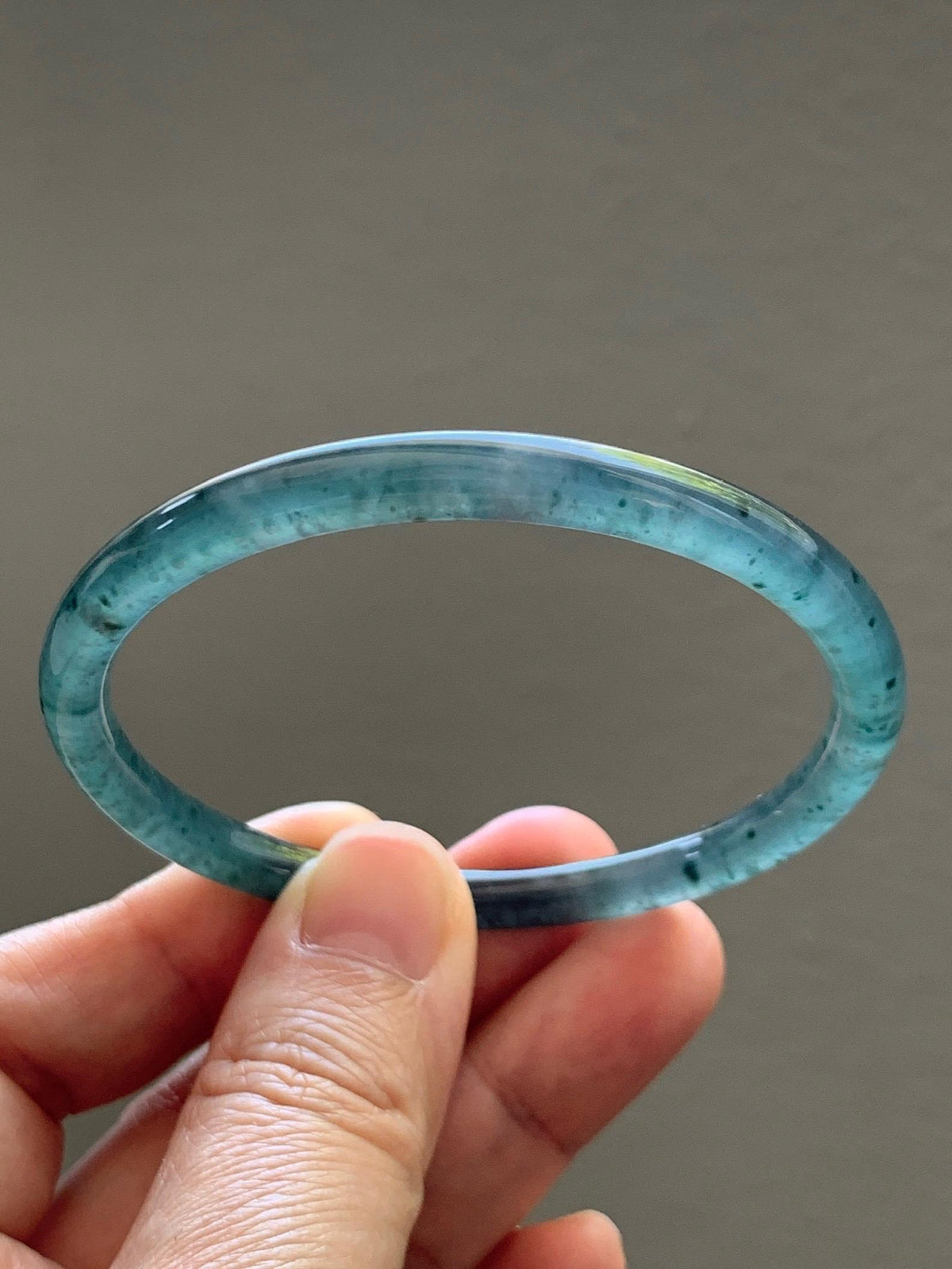 Certified Natural Grade A Guatemalan Icy Translucent Dark Teal Green Jade Jadeite Slim Bangle 56.3mm 6.96” 16.54g 天然冰胶危深蓝绿翡翠细圆条手镯 1193