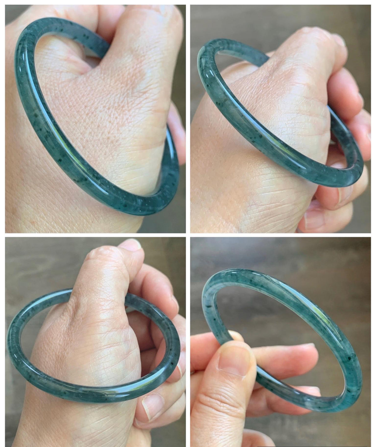 Certified Natural Grade A Guatemalan Icy Translucent Dark Teal Green Jade Jadeite Slim Bangle 56.3mm 6.96” 16.54g 天然冰胶危深蓝绿翡翠细圆条手镯 1193