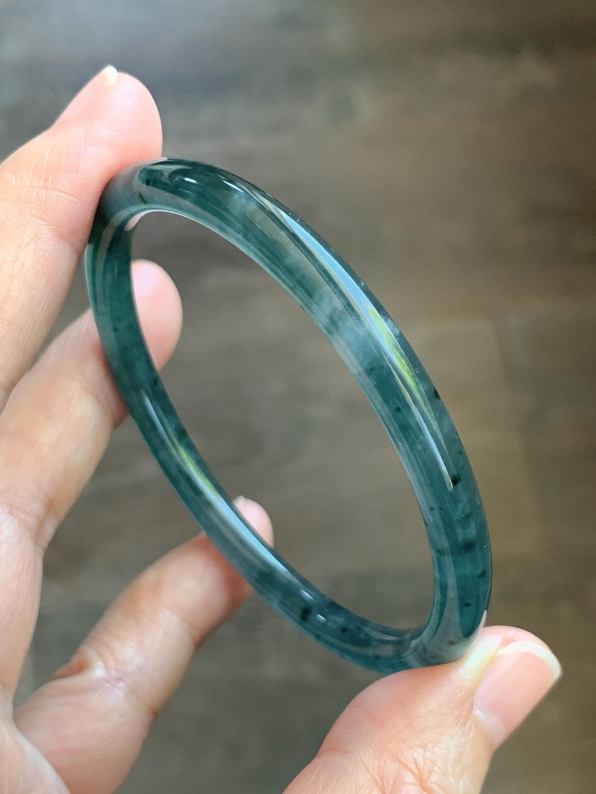 Certified Natural Grade A Guatemalan Icy Translucent Dark Teal Green Jade Jadeite Slim Bangle 56.3mm 6.96” 16.54g 天然冰胶危深蓝绿翡翠细圆条手镯 1193