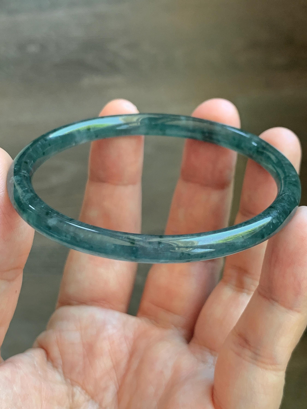 Certified Natural Grade A Guatemalan Icy Translucent Dark Teal Green Jade Jadeite Slim Bangle 56.3mm 6.96” 16.54g 天然冰胶危深蓝绿翡翠细圆条手镯 1193