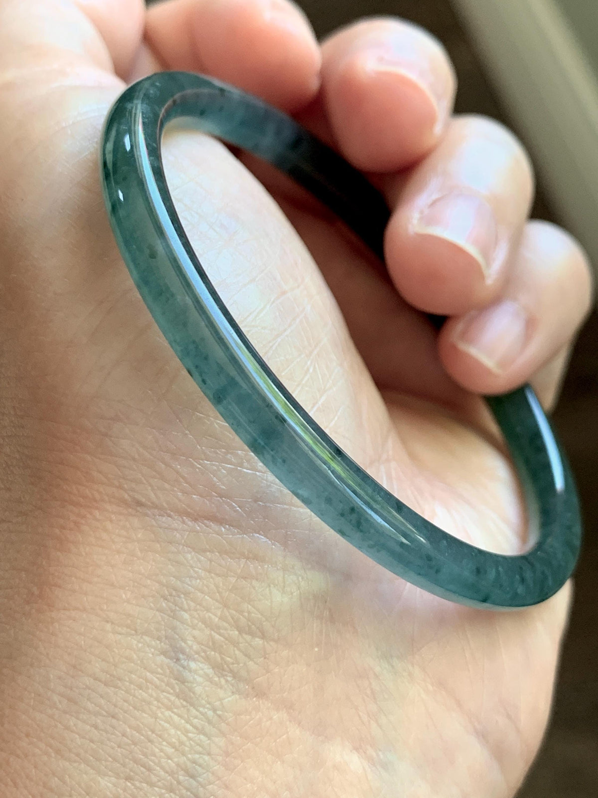 Certified Natural Grade A Guatemalan Icy Translucent Dark Teal Green Jade Jadeite Slim Bangle 56.3mm 6.96” 16.54g 天然冰胶危深蓝绿翡翠细圆条手镯 1193