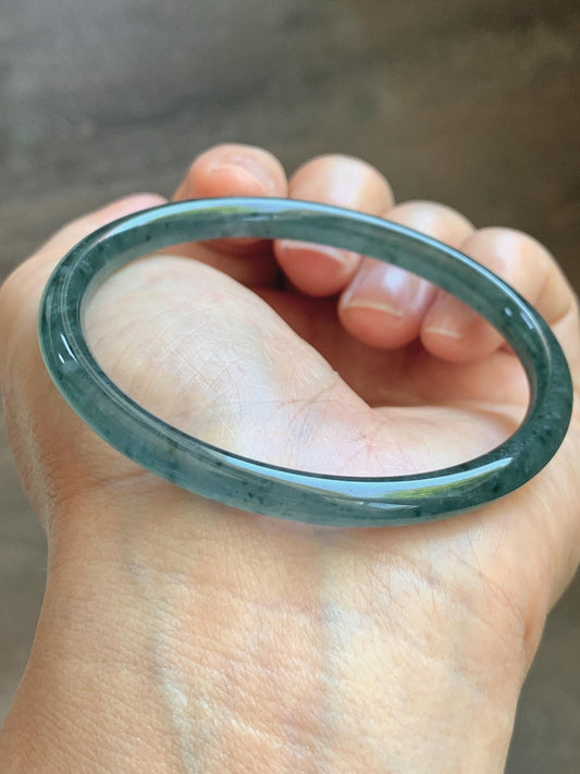 Certified Natural Grade A Guatemalan Icy Translucent Dark Teal Green Jade Jadeite Slim Bangle 56.3mm 6.96” 16.54g 天然冰胶危深蓝绿翡翠细圆条手镯 1193