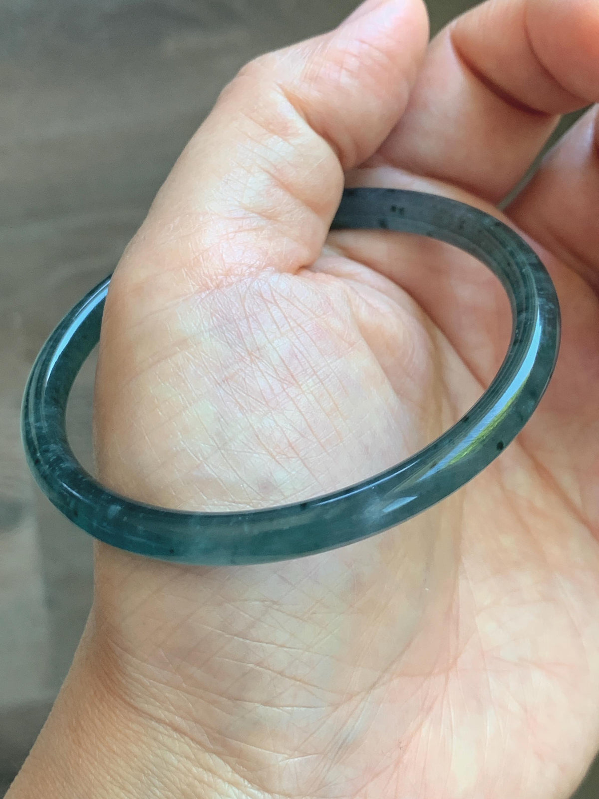 Certified Natural Grade A Guatemalan Icy Translucent Dark Teal Green Jade Jadeite Slim Bangle 56.3mm 6.96” 16.54g 天然冰胶危深蓝绿翡翠细圆条手镯 1193