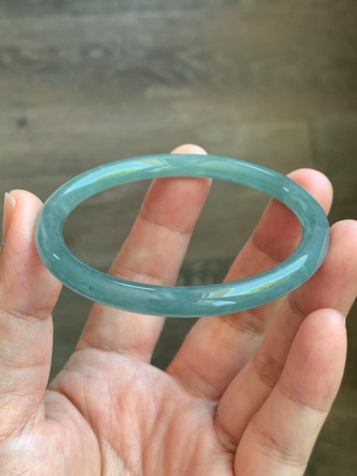 Certified Natural Grade A Guatemalan Icy Translucent Dusty Teal Jade Jadeite Slim Bangle 55.15mm 6.8” 19g 天然冰危暗蓝绿翡翠细圆条手镯 1173