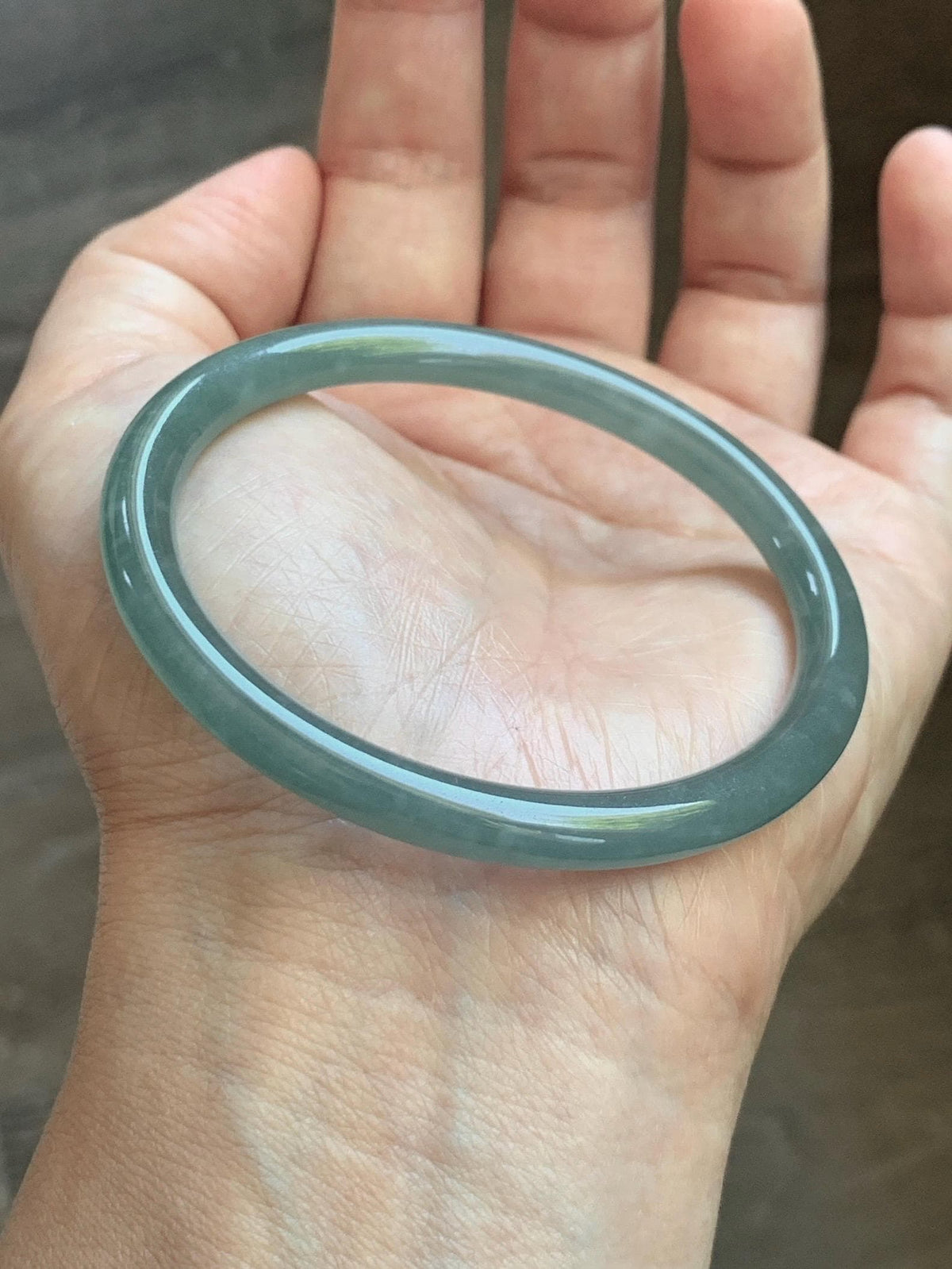 Certified Natural Grade A Guatemalan Icy Translucent Dusty Teal Jade Jadeite Slim Bangle 55.15mm 6.8” 19g 天然冰危暗蓝绿翡翠细圆条手镯 1173