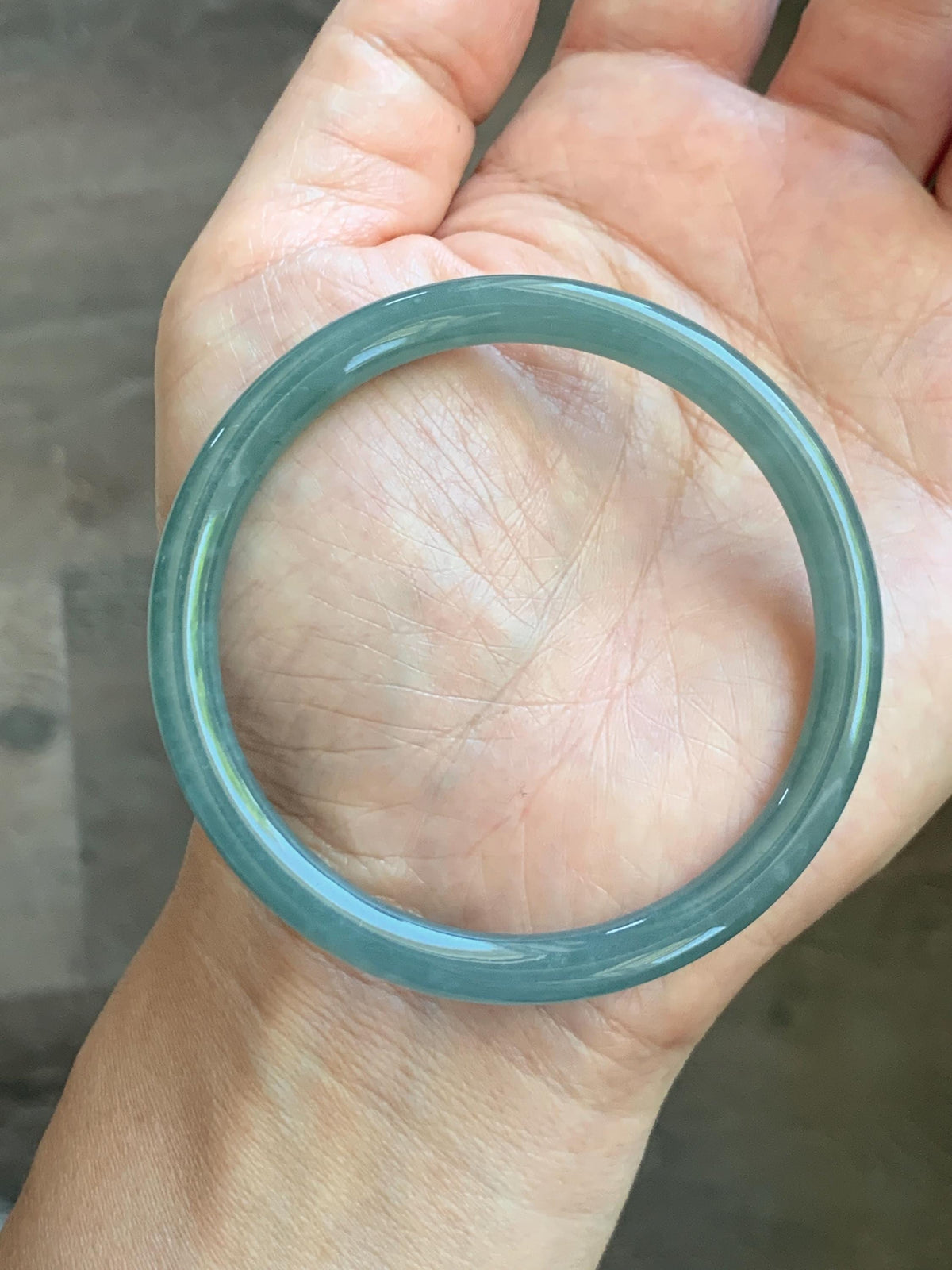 Certified Natural Grade A Guatemalan Icy Translucent Dusty Teal Jade Jadeite Slim Bangle 55.15mm 6.8” 19g 天然冰危暗蓝绿翡翠细圆条手镯 1173
