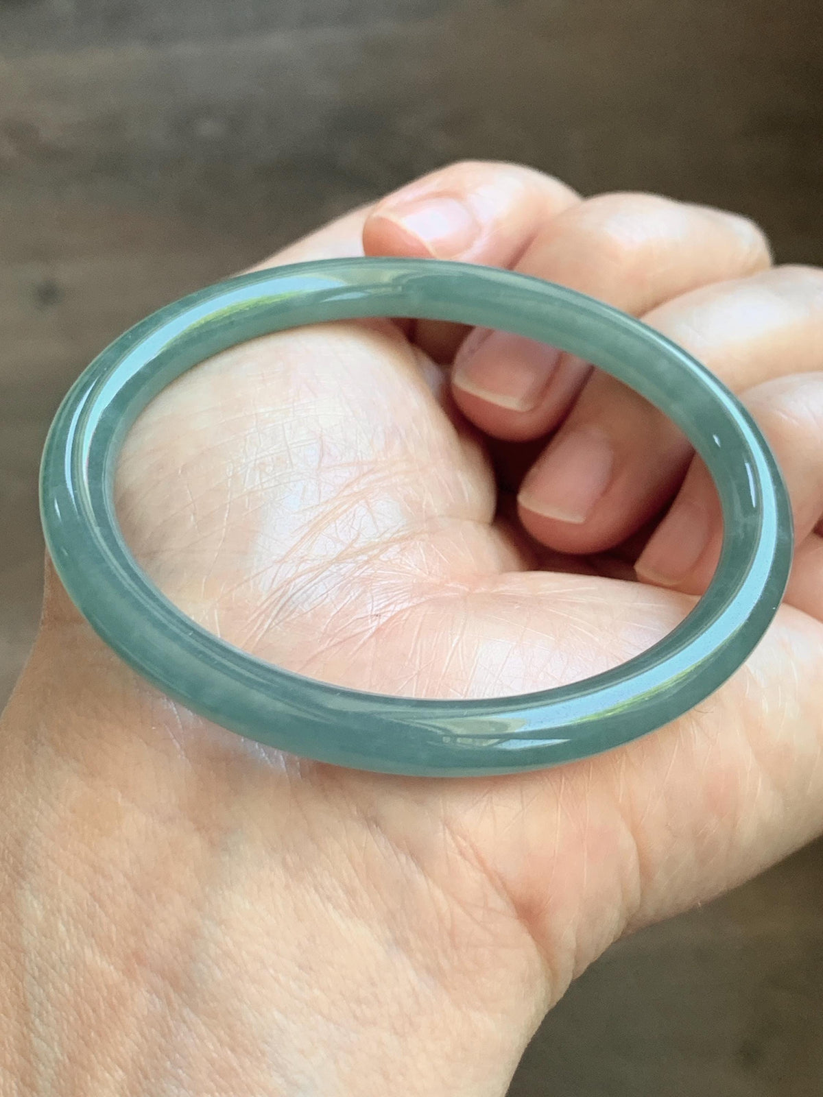 Certified Natural Grade A Guatemalan Icy Translucent Dusty Teal Jade Jadeite Slim Bangle 55.15mm 6.8” 19g 天然冰危暗蓝绿翡翠细圆条手镯 1173