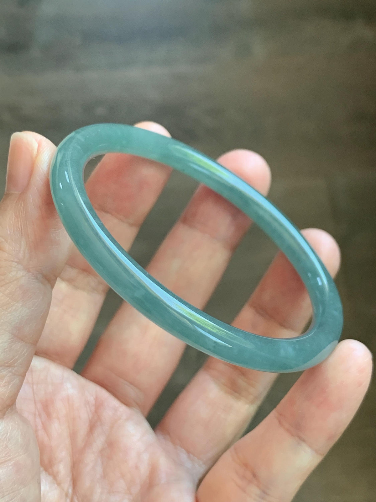 Certified Natural Grade A Guatemalan Icy Translucent Dusty Teal Jade Jadeite Slim Bangle 55.15mm 6.8” 19g 天然冰危暗蓝绿翡翠细圆条手镯 1173