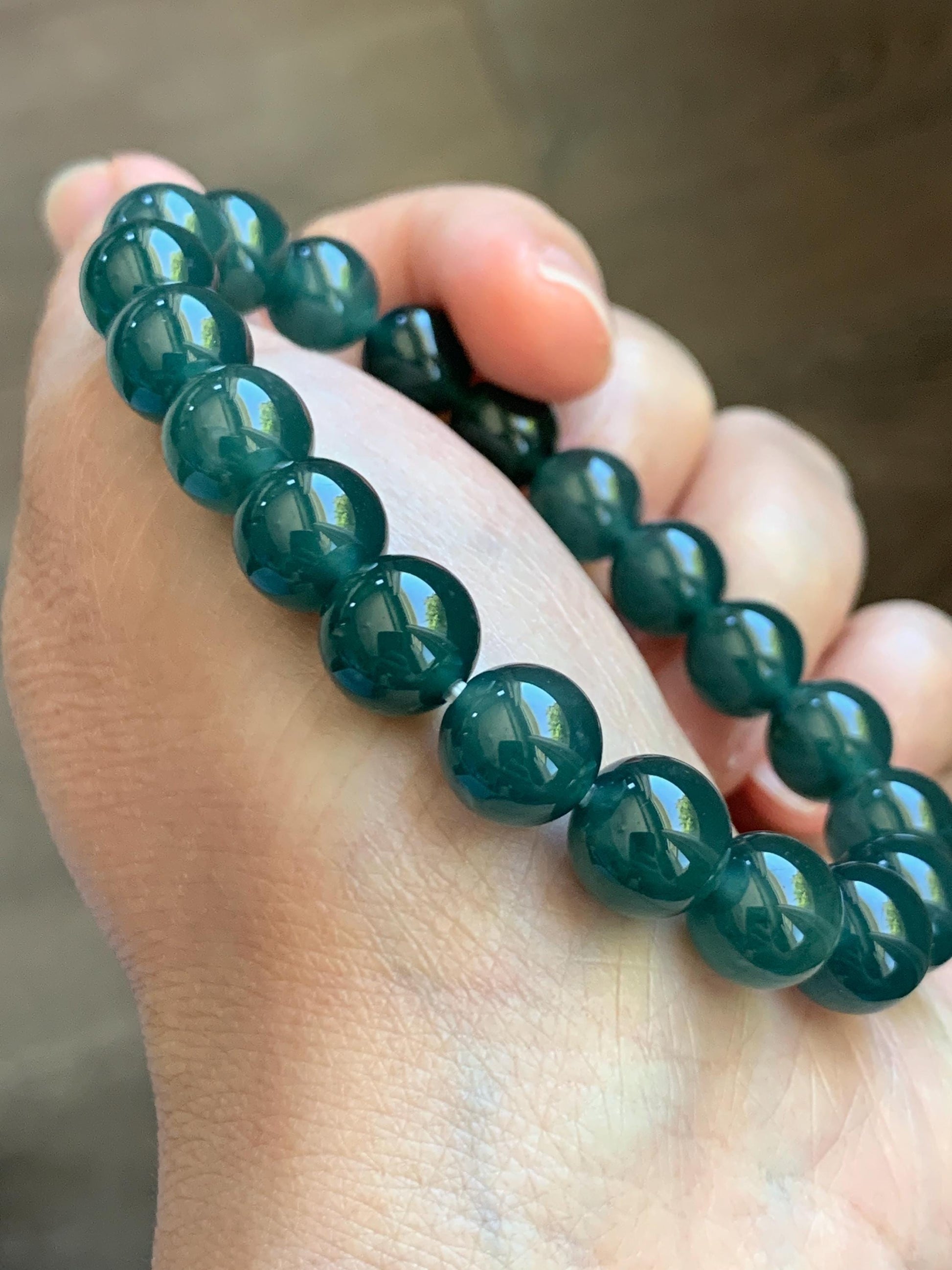 Natural Grade A Guatemalan Icy Translucent Dark Teal Green Jade Jadeite Beaded Bracelet Stretchy 9.5mm 7” 28g 天然冰危老种深蓝绿翡翠圆珠手串 WLZ550B