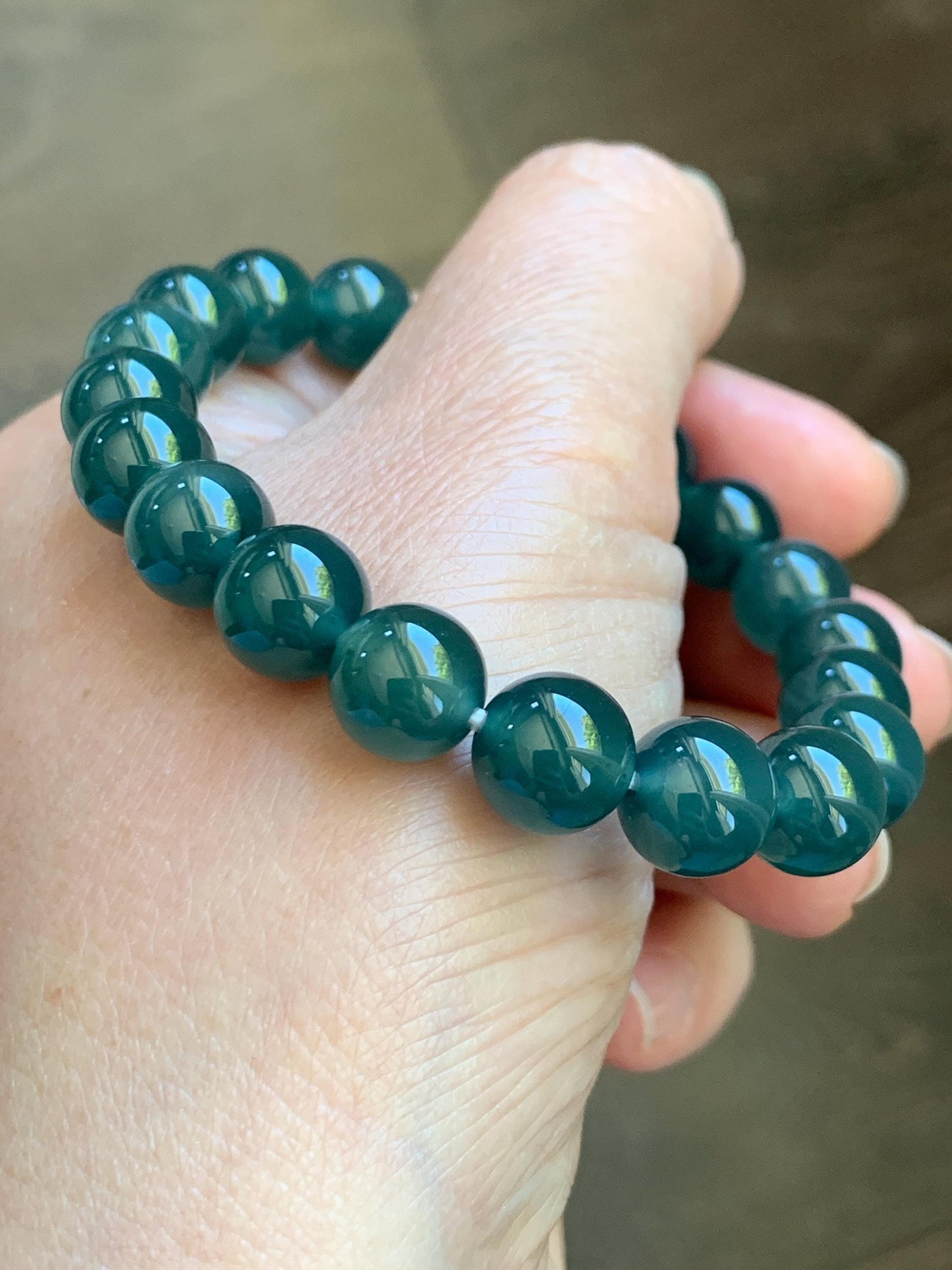 Natural Grade A Guatemalan Icy Translucent Dark Teal Green Jade Jadeite Beaded Bracelet Stretchy 9.5mm 7” 28g 天然冰危老种深蓝绿翡翠圆珠手串 WLZ550B