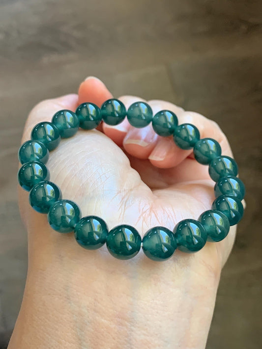 Natural Grade A Guatemalan Icy Translucent Dark Teal Green Jade Jadeite Beaded Bracelet Stretchy 9.5mm 7” 28g 天然冰危老种深蓝绿翡翠圆珠手串 WLZ550B