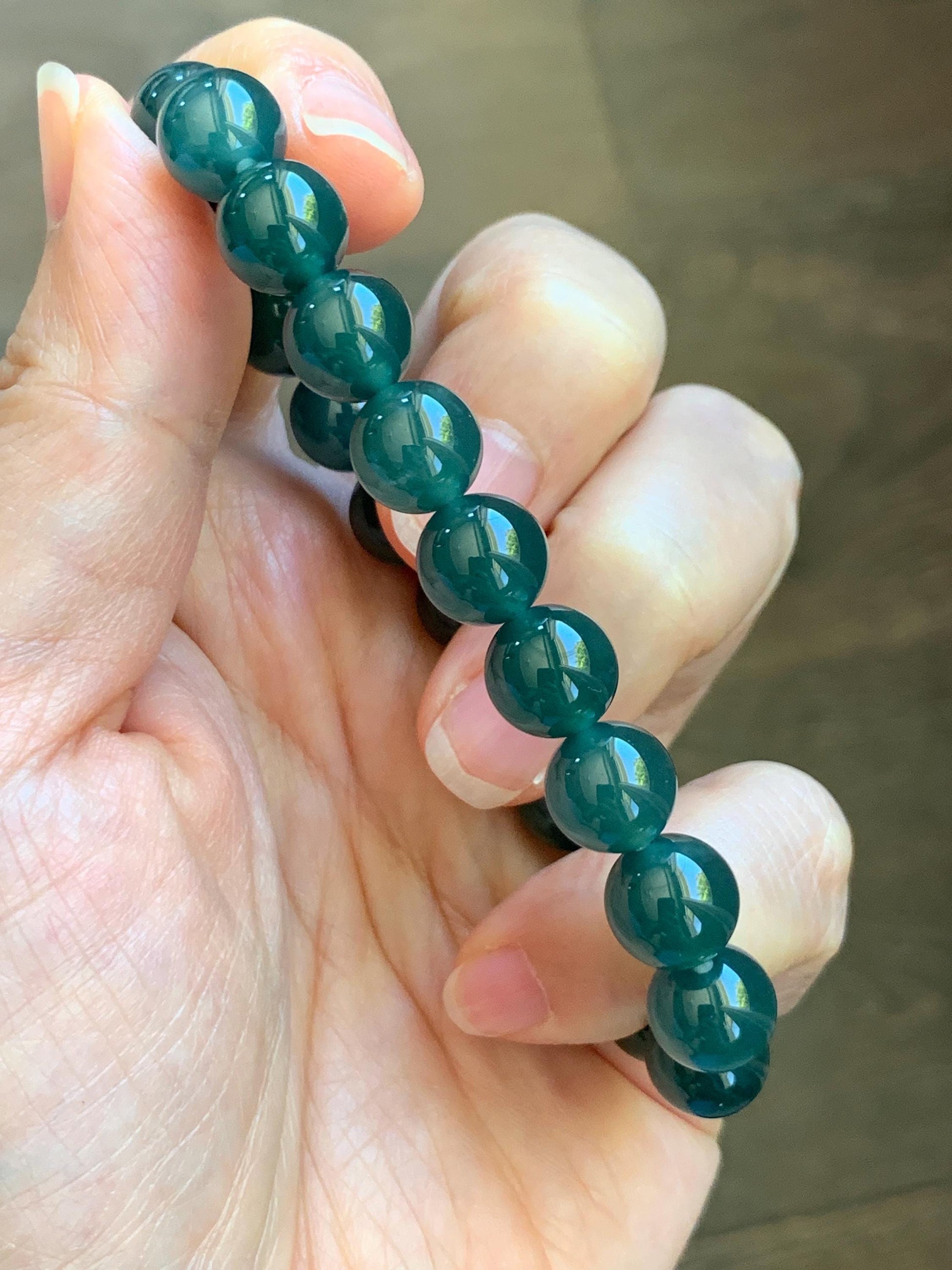 Natural Grade A Guatemalan Icy Translucent Dark Teal Green Jade Jadeite Beaded Bracelet Stretchy 9.5mm 7” 28g 天然冰危老种深蓝绿翡翠圆珠手串 WLZ550B