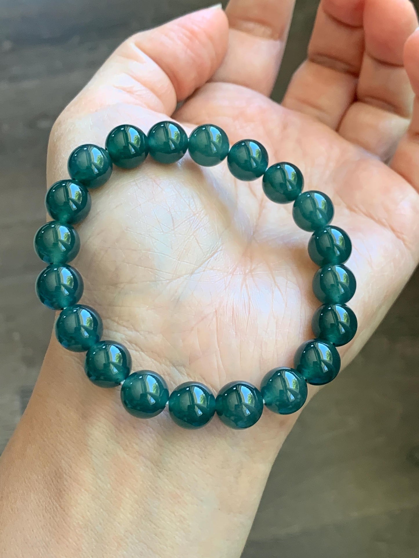 Natural Grade A Guatemalan Icy Translucent Dark Teal Green Jade Jadeite Beaded Bracelet Stretchy 9.5mm 7” 28g 天然冰危老种深蓝绿翡翠圆珠手串 WLZ550B