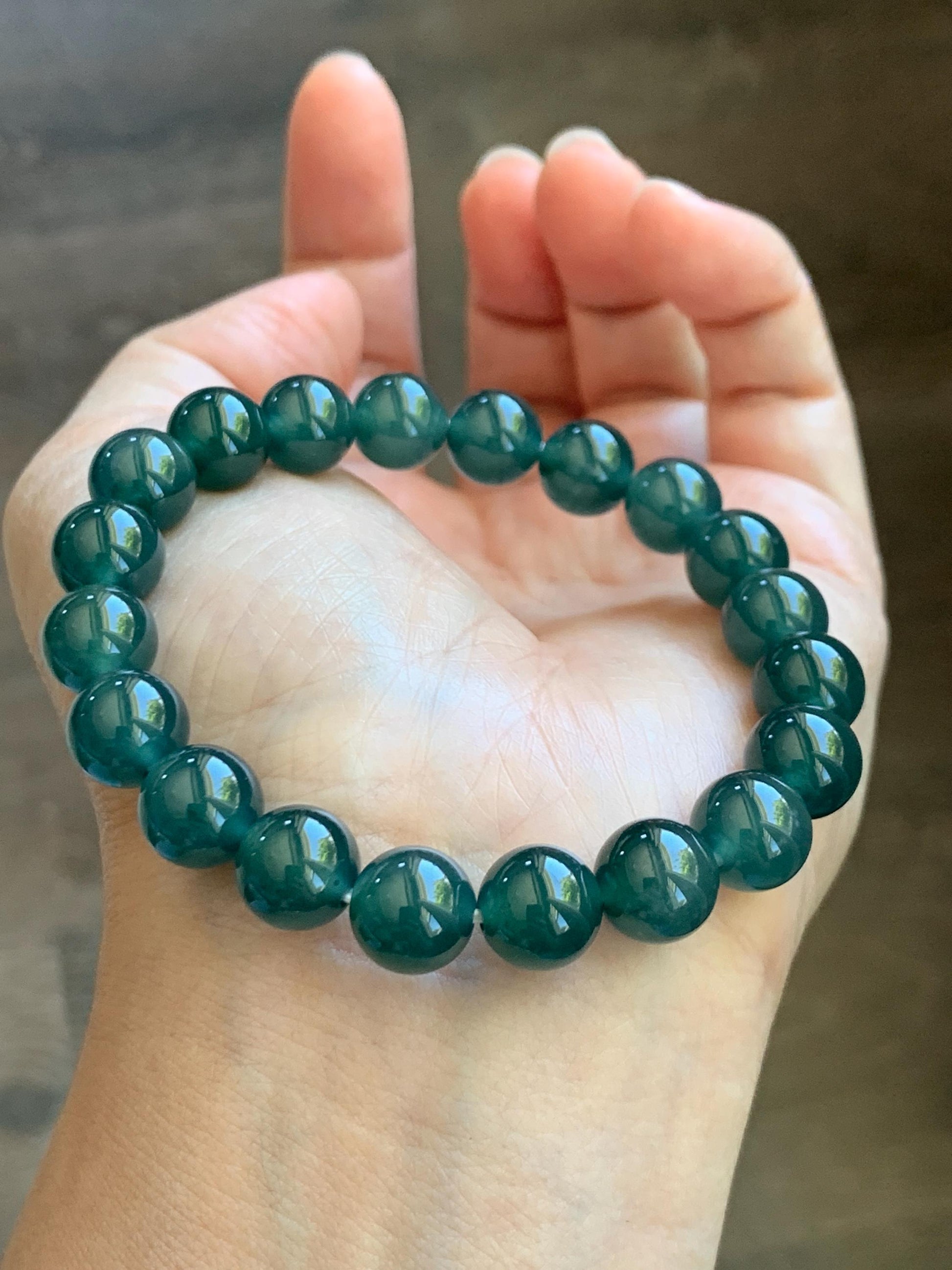 Natural Grade A Guatemalan Icy Translucent Dark Teal Green Jade Jadeite Beaded Bracelet Stretchy 9.5mm 7” 28g 天然冰危老种深蓝绿翡翠圆珠手串 WLZ550B