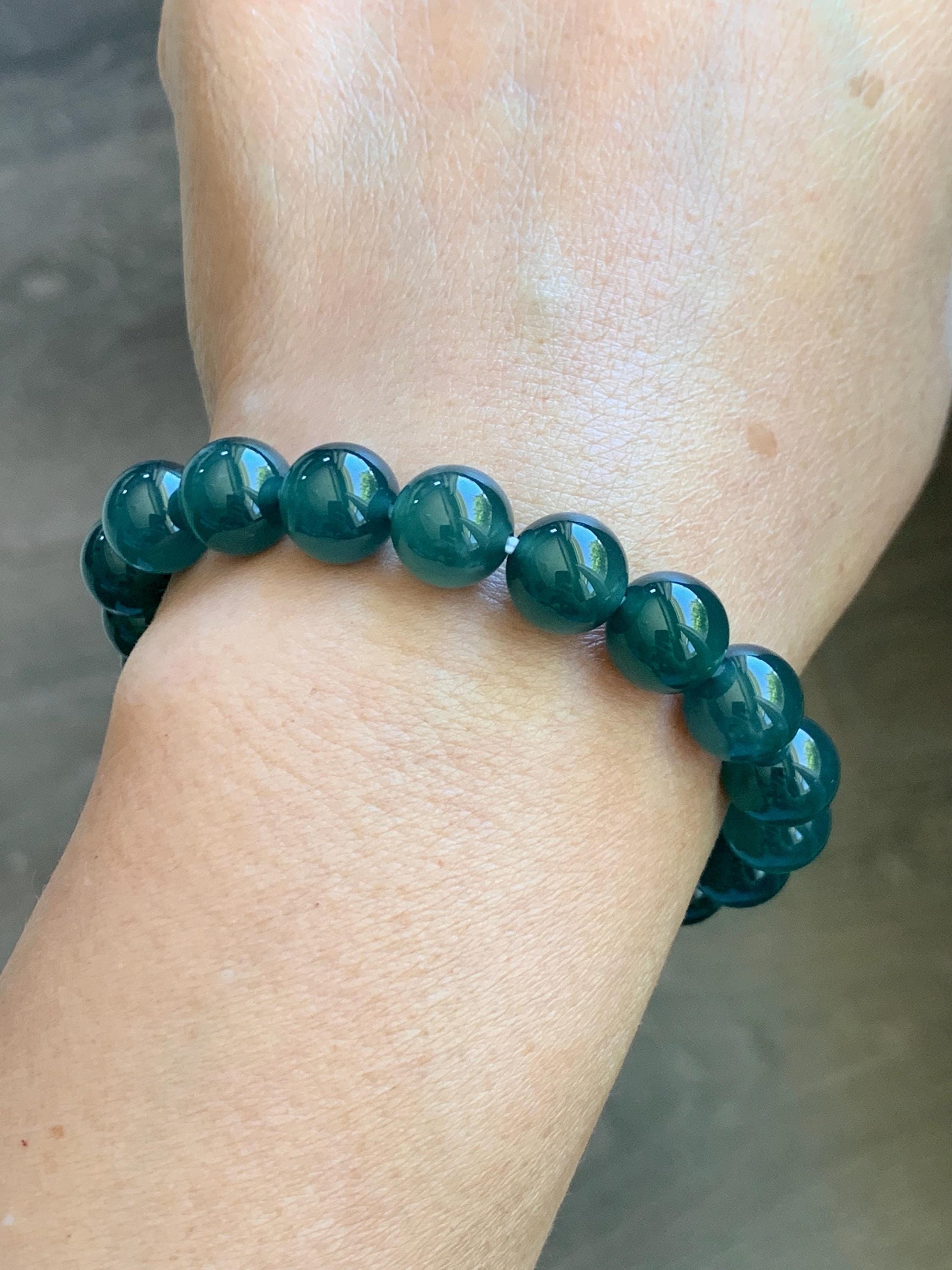 Natural Grade A Guatemalan Icy Translucent Dark Teal Green Jade Jadeite Beaded Bracelet Stretchy 9.5mm 7” 28g 天然冰危老种深蓝绿翡翠圆珠手串 WLZ550B