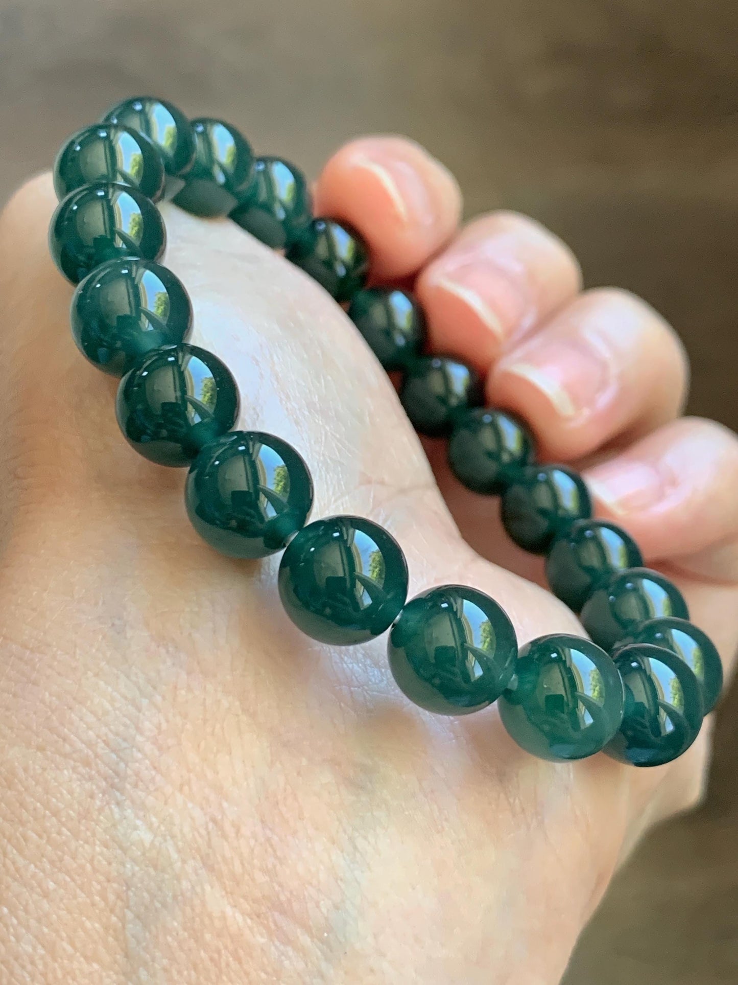 Natural Grade A Guatemalan Icy Translucent Dark Teal Green Jade Jadeite Beaded Bracelet Stretchy 9.5mm 7” 28g 天然冰危老种深蓝绿翡翠圆珠手串 WLZ550A