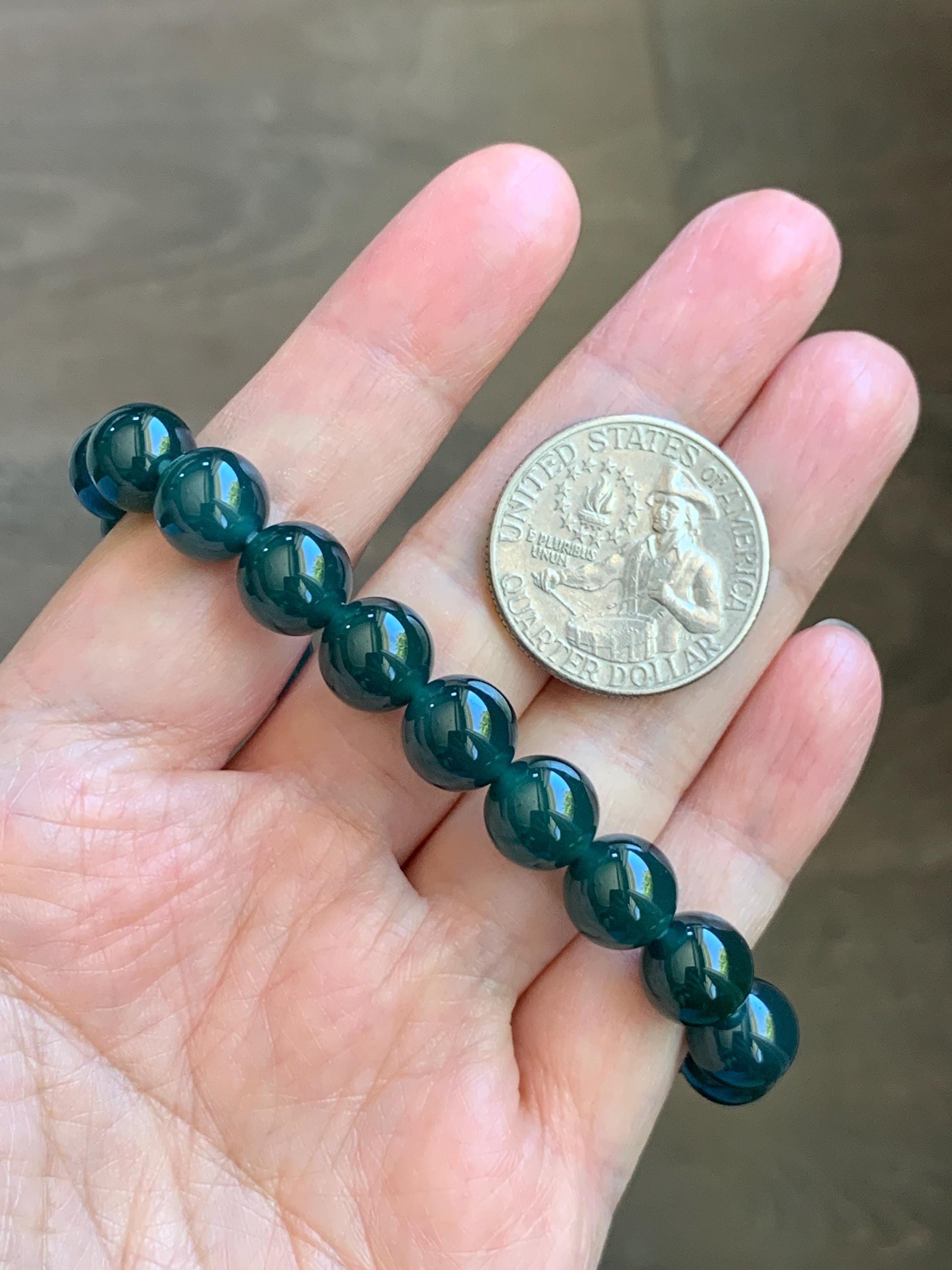 Natural Grade A Guatemalan Icy Translucent Dark Teal Green Jade Jadeite Beaded Bracelet Stretchy 9.5mm 7” 28g 天然冰危老种深蓝绿翡翠圆珠手串 WLZ550A