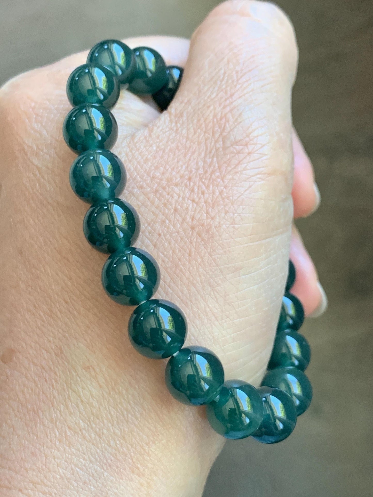 Natural Grade A Guatemalan Icy Translucent Dark Teal Green Jade Jadeite Beaded Bracelet Stretchy 9.5mm 7” 28g 天然冰危老种深蓝绿翡翠圆珠手串 WLZ550A