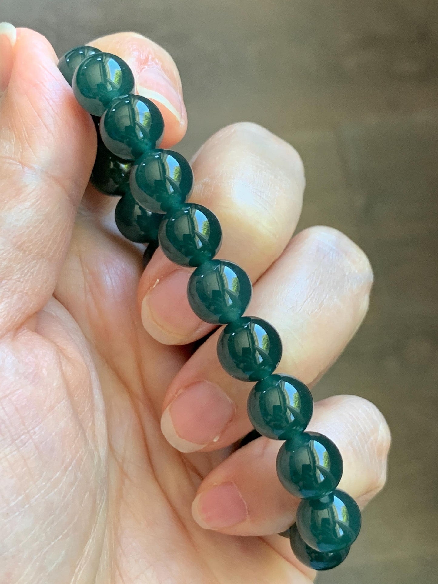 Natural Grade A Guatemalan Icy Translucent Dark Teal Green Jade Jadeite Beaded Bracelet Stretchy 9.5mm 7” 28g 天然冰危老种深蓝绿翡翠圆珠手串 WLZ550A