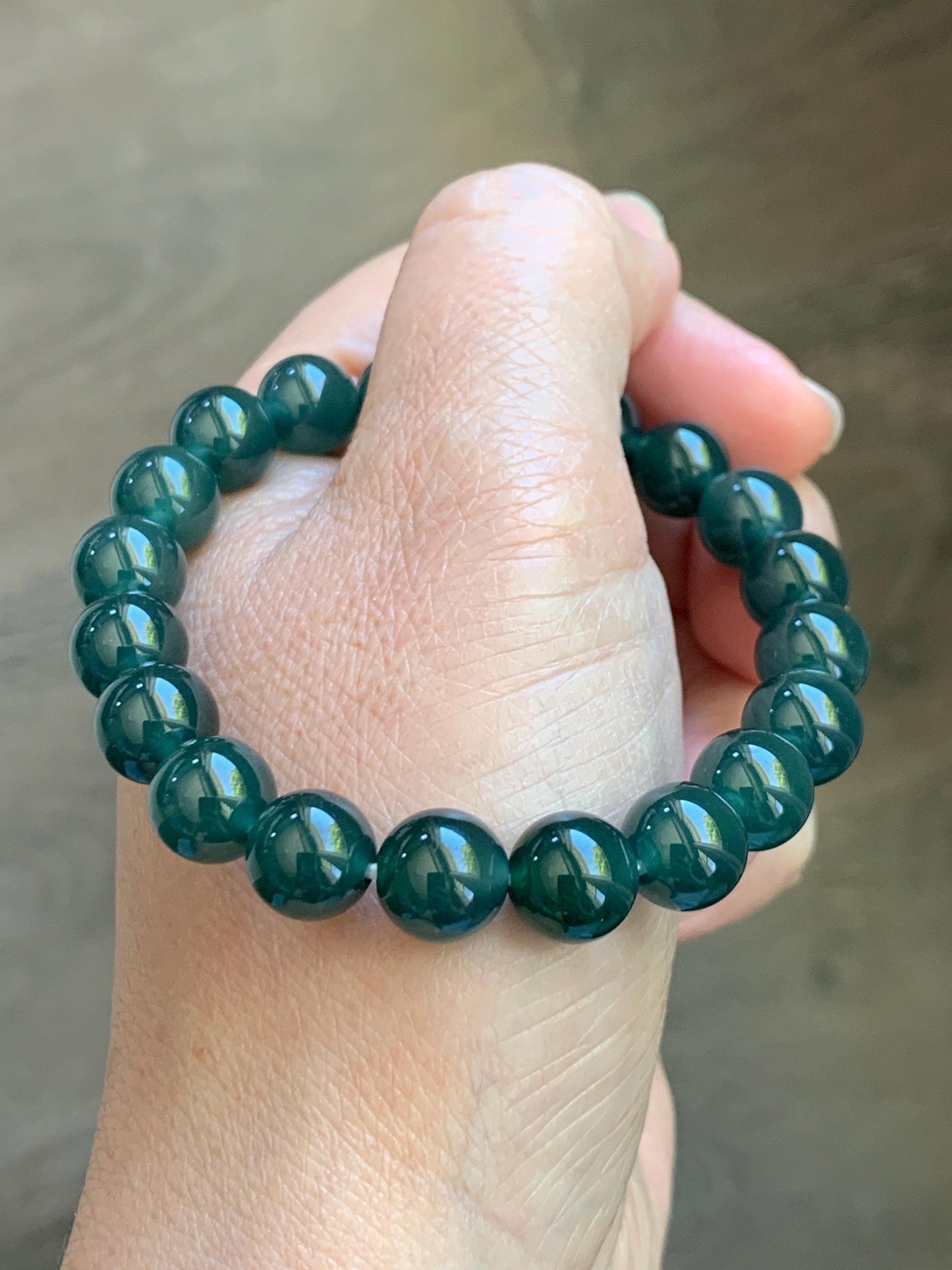 Natural Grade A Guatemalan Icy Translucent Dark Teal Green Jade Jadeite Beaded Bracelet Stretchy 9.5mm 7” 28g 天然冰危老种深蓝绿翡翠圆珠手串 WLZ550A