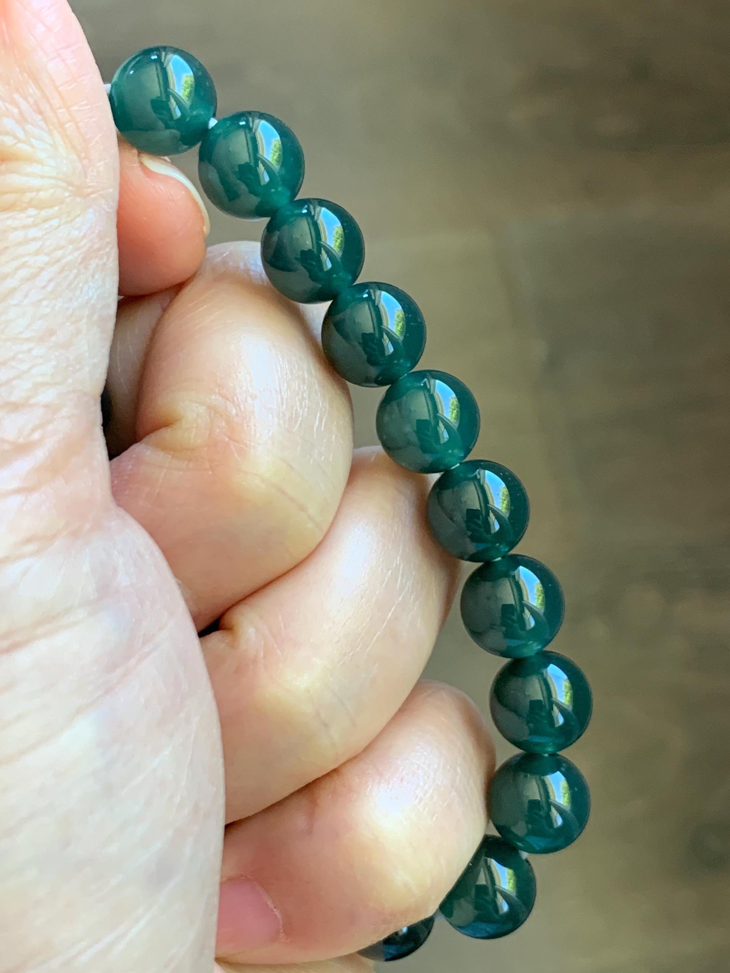 Natural Grade A Guatemalan Icy Translucent Dark Teal Green Jade Jadeite Beaded Bracelet Stretchy 9.5mm 7” 28g 天然冰危老种深蓝绿翡翠圆珠手串 WLZ550A