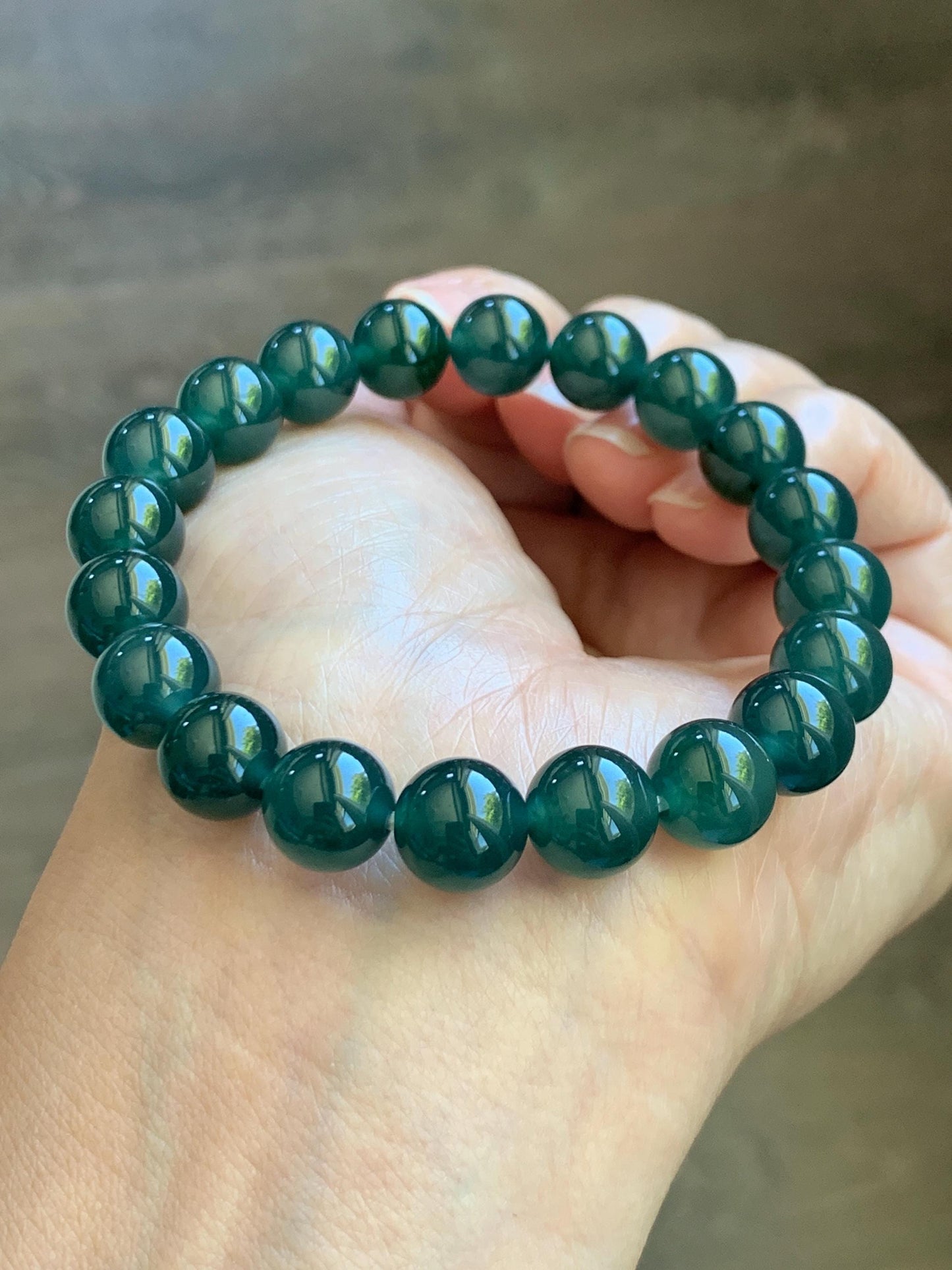 Natural Grade A Guatemalan Icy Translucent Dark Teal Green Jade Jadeite Beaded Bracelet Stretchy 9.5mm 7” 28g 天然冰危老种深蓝绿翡翠圆珠手串 WLZ550A