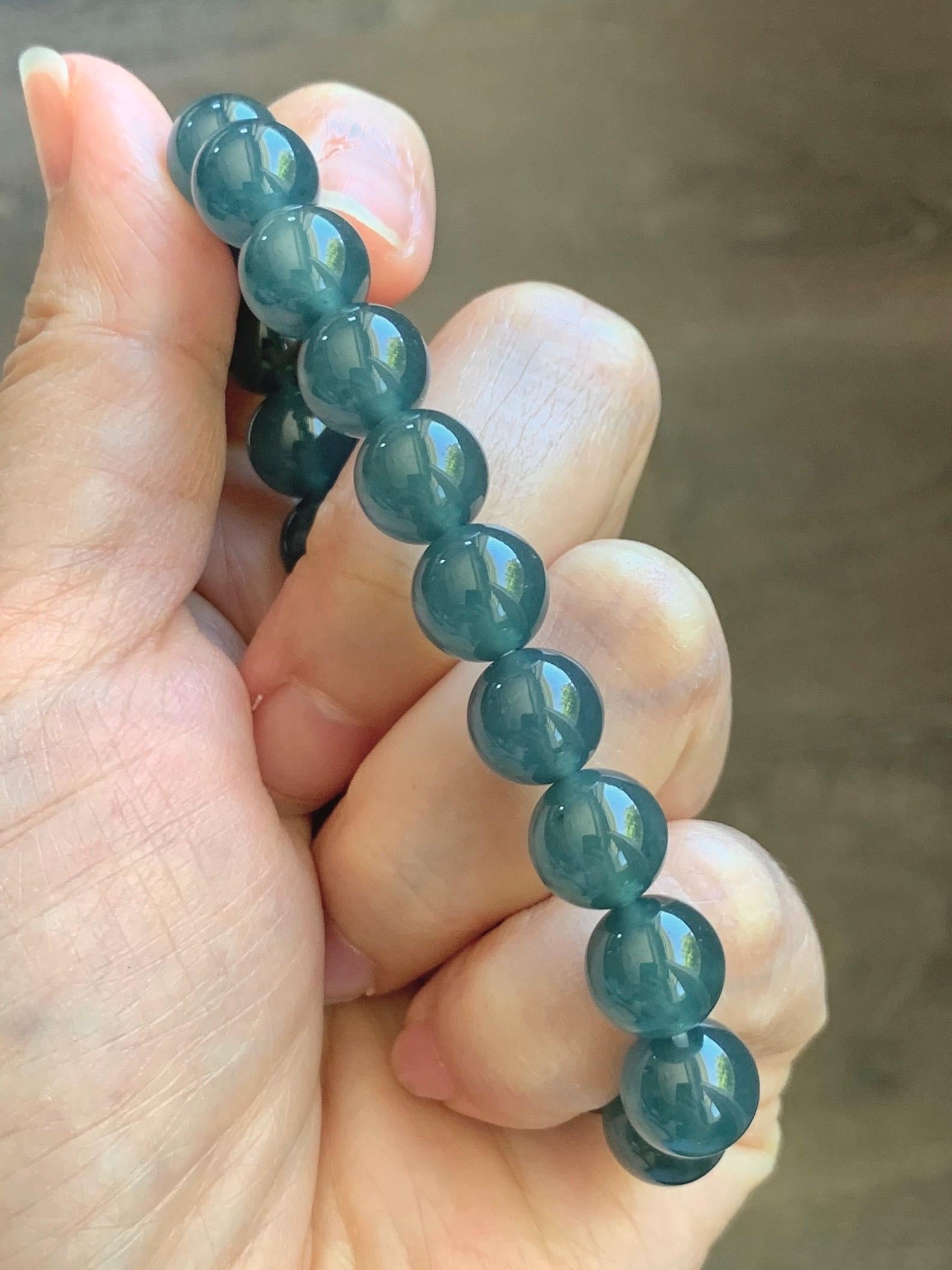 Natural Grade A Guatemalan Icy Translucent Dark Teal Blue Jade Jadeite Beaded Bracelet Stretchy 9.8mm 7.25” 33g 天然冰危老种深蓝绿翡翠圆珠手串 WSB330