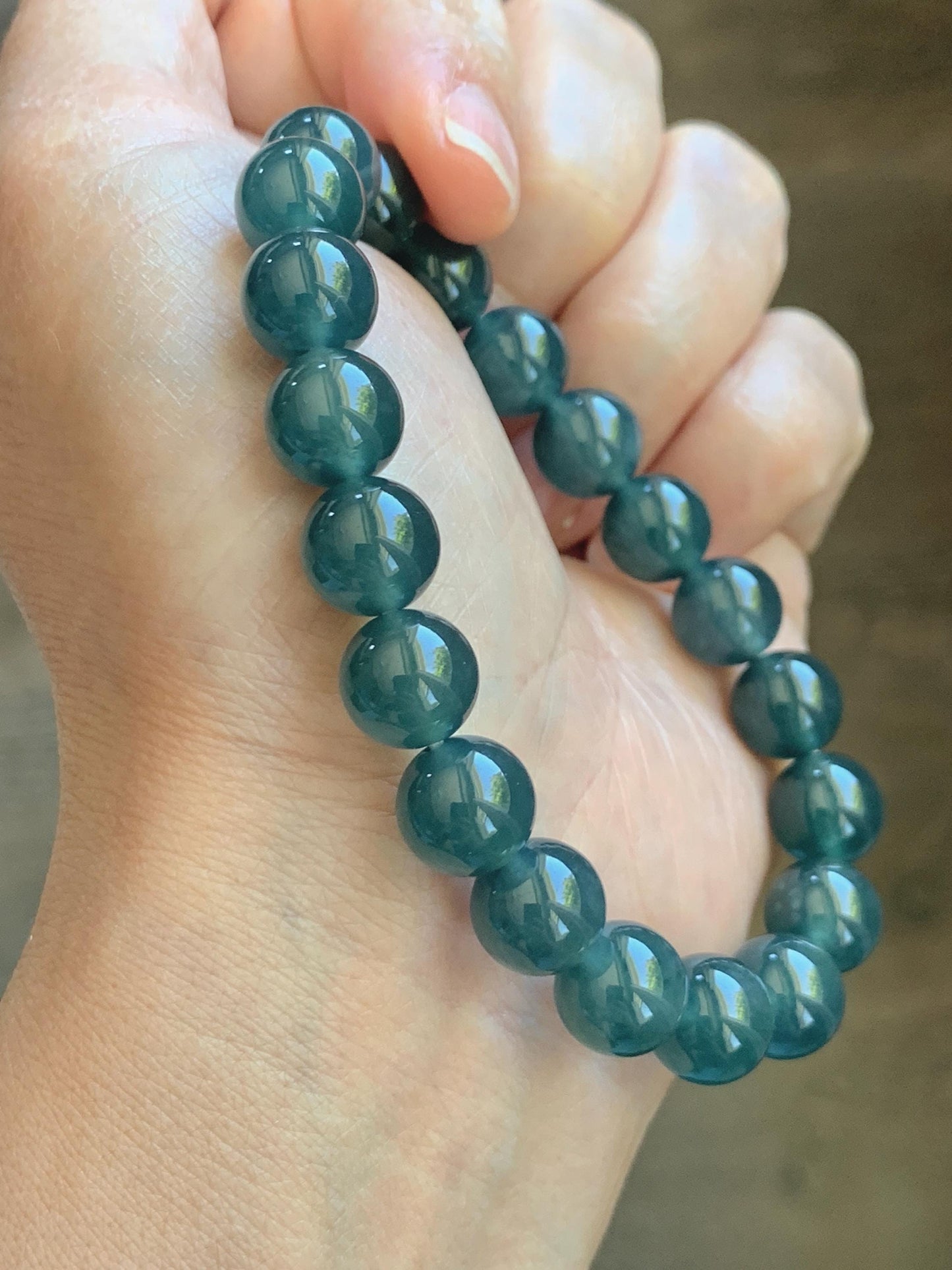 Natural Grade A Guatemalan Icy Translucent Dark Teal Blue Jade Jadeite Beaded Bracelet Stretchy 9.8mm 7.25” 33g 天然冰危老种深蓝绿翡翠圆珠手串 WSB330