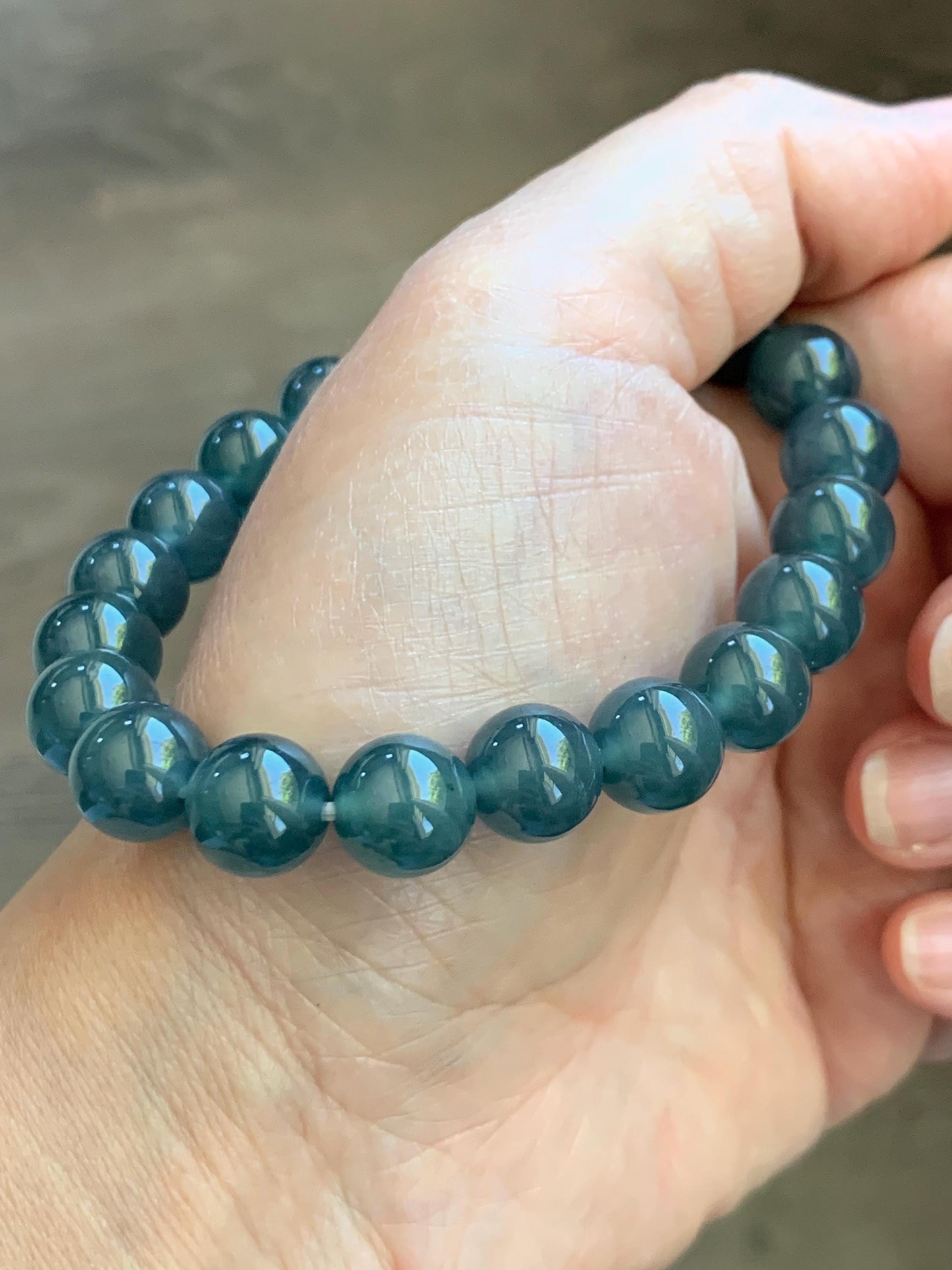 Natural Grade A Guatemalan Icy Translucent Dark Teal Blue Jade Jadeite Beaded Bracelet Stretchy 9.8mm 7.25” 33g 天然冰危老种深蓝绿翡翠圆珠手串 WSB330