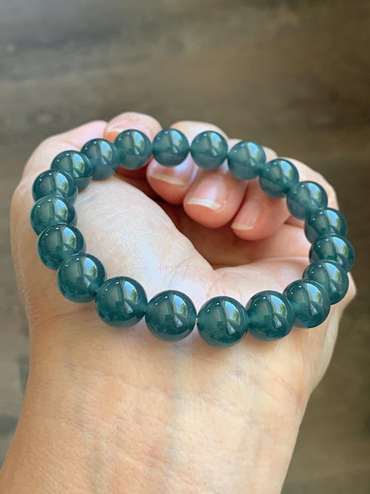 Natural Grade A Guatemalan Icy Translucent Dark Teal Blue Jade Jadeite Beaded Bracelet Stretchy 9.8mm 7.25” 33g 天然冰危老种深蓝绿翡翠圆珠手串 WSB330