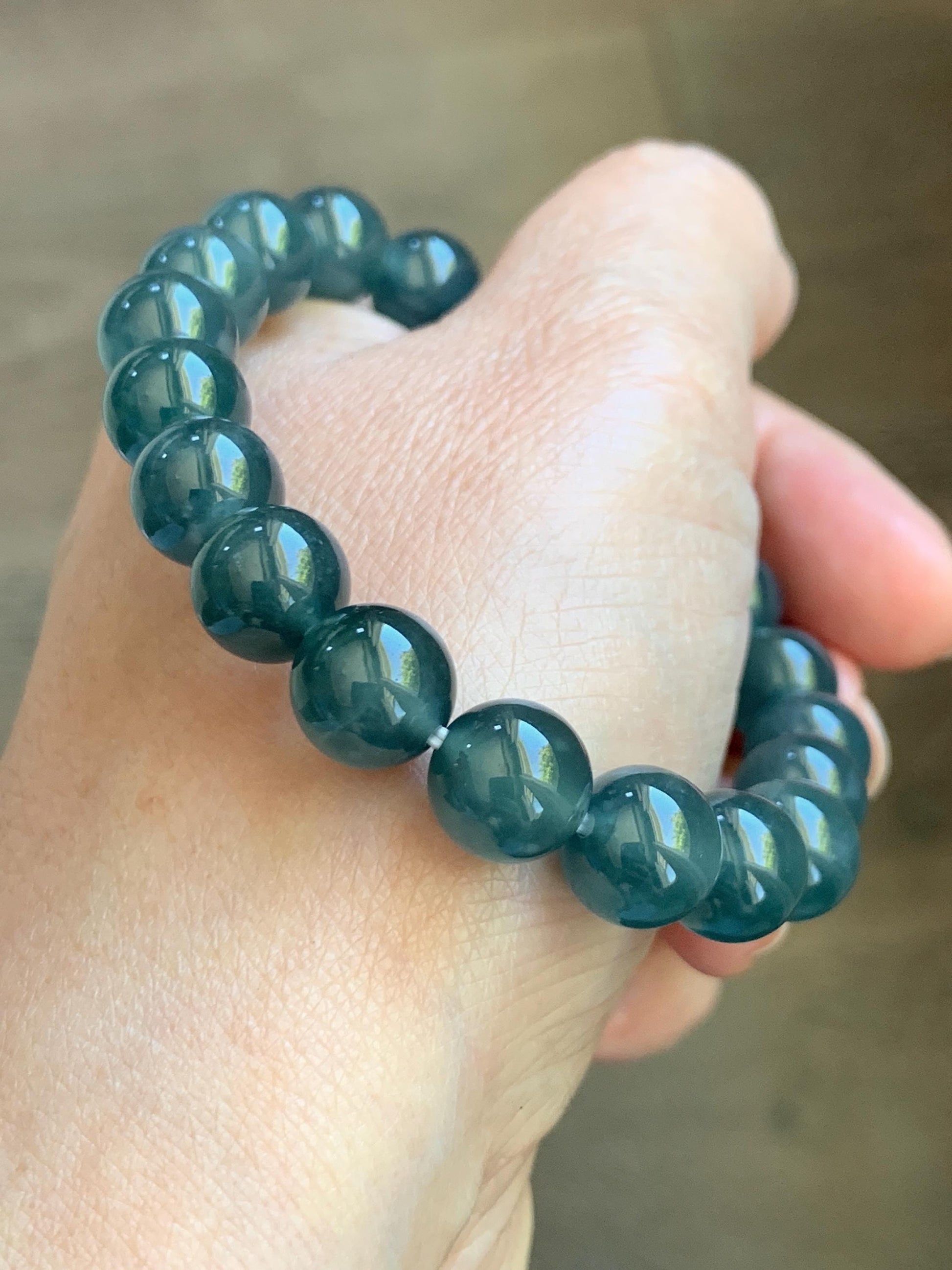 Natural Grade A Guatemalan Icy Translucent Dark Teal Blue Jade Jadeite Beaded Bracelet Stretchy 9.8mm 7.25” 33g 天然冰危老种深蓝绿翡翠圆珠手串 WSB330