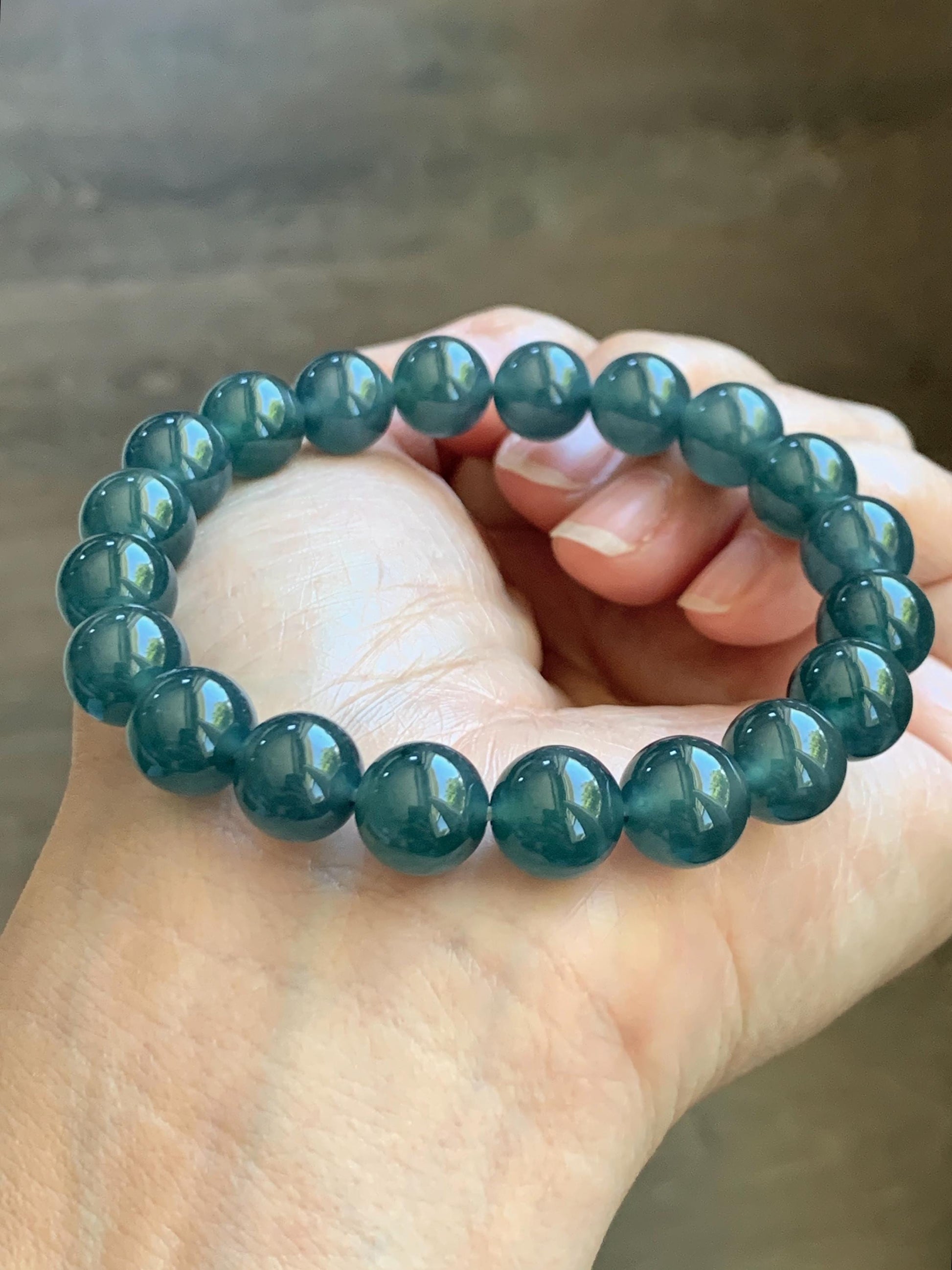 Natural Grade A Guatemalan Icy Translucent Dark Teal Blue Jade Jadeite Beaded Bracelet Stretchy 9.8mm 7.25” 33g 天然冰危老种深蓝绿翡翠圆珠手串 WSB330