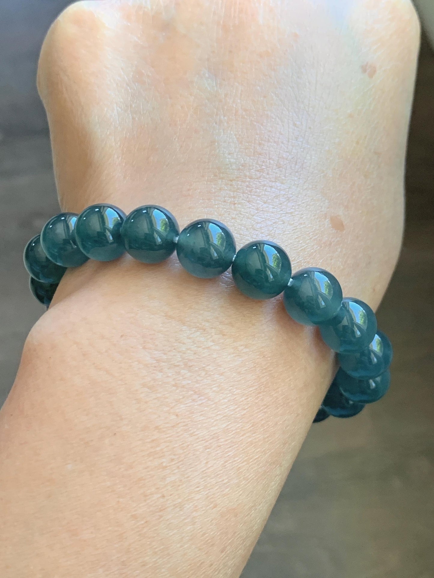 Natural Grade A Guatemalan Icy Translucent Dark Teal Blue Jade Jadeite Beaded Bracelet Stretchy 9.8mm 7.25” 33g 天然冰危老种深蓝绿翡翠圆珠手串 WSB330