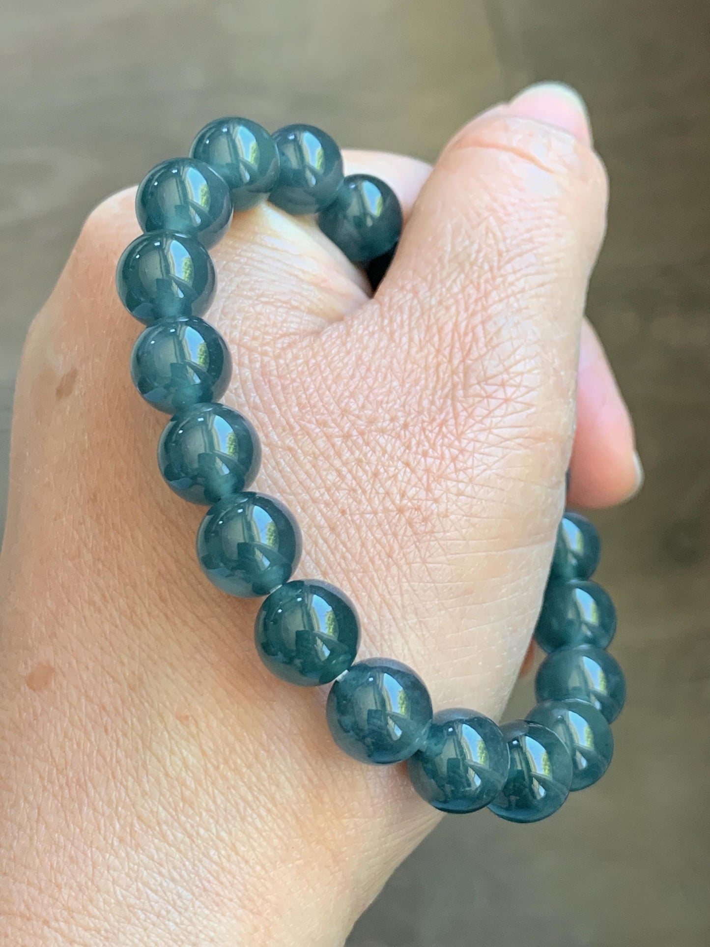 Natural Grade A Guatemalan Icy Translucent Dark Teal Blue Jade Jadeite Beaded Bracelet Stretchy 9.8mm 7.25” 33g 天然冰危老种深蓝绿翡翠圆珠手串 WSB330