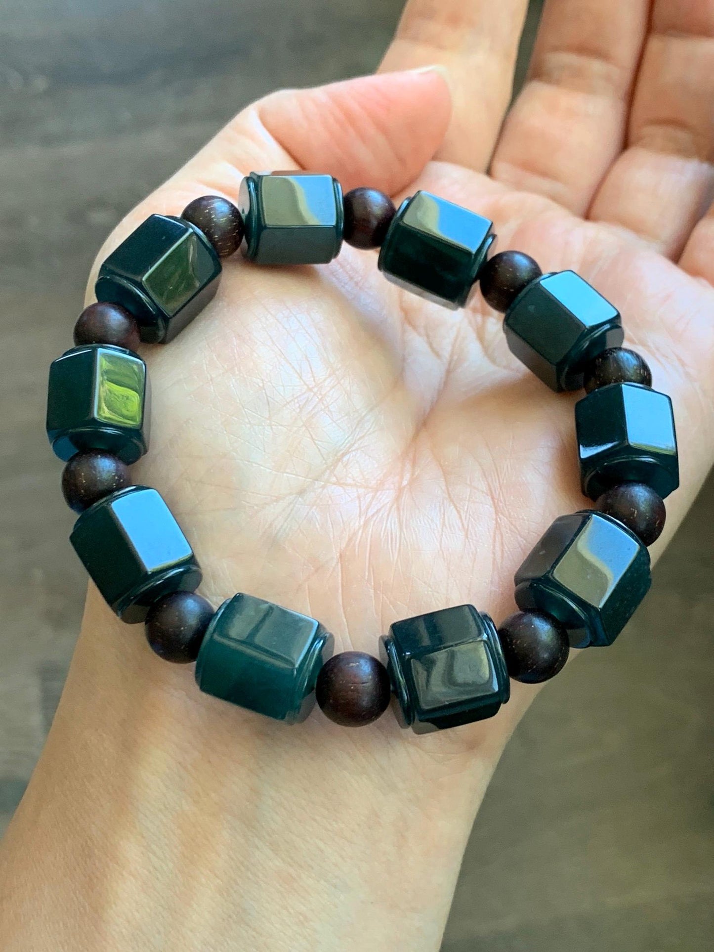 Natural Grade A Guatemalan Icy Translucent Dark Teal Blue Jade Jadeite Hexagon Barrel Beads Beaded Bracelet 7.5” 48g 天然冰胶危老蓝水翡翠六棱珠手串 WLL440