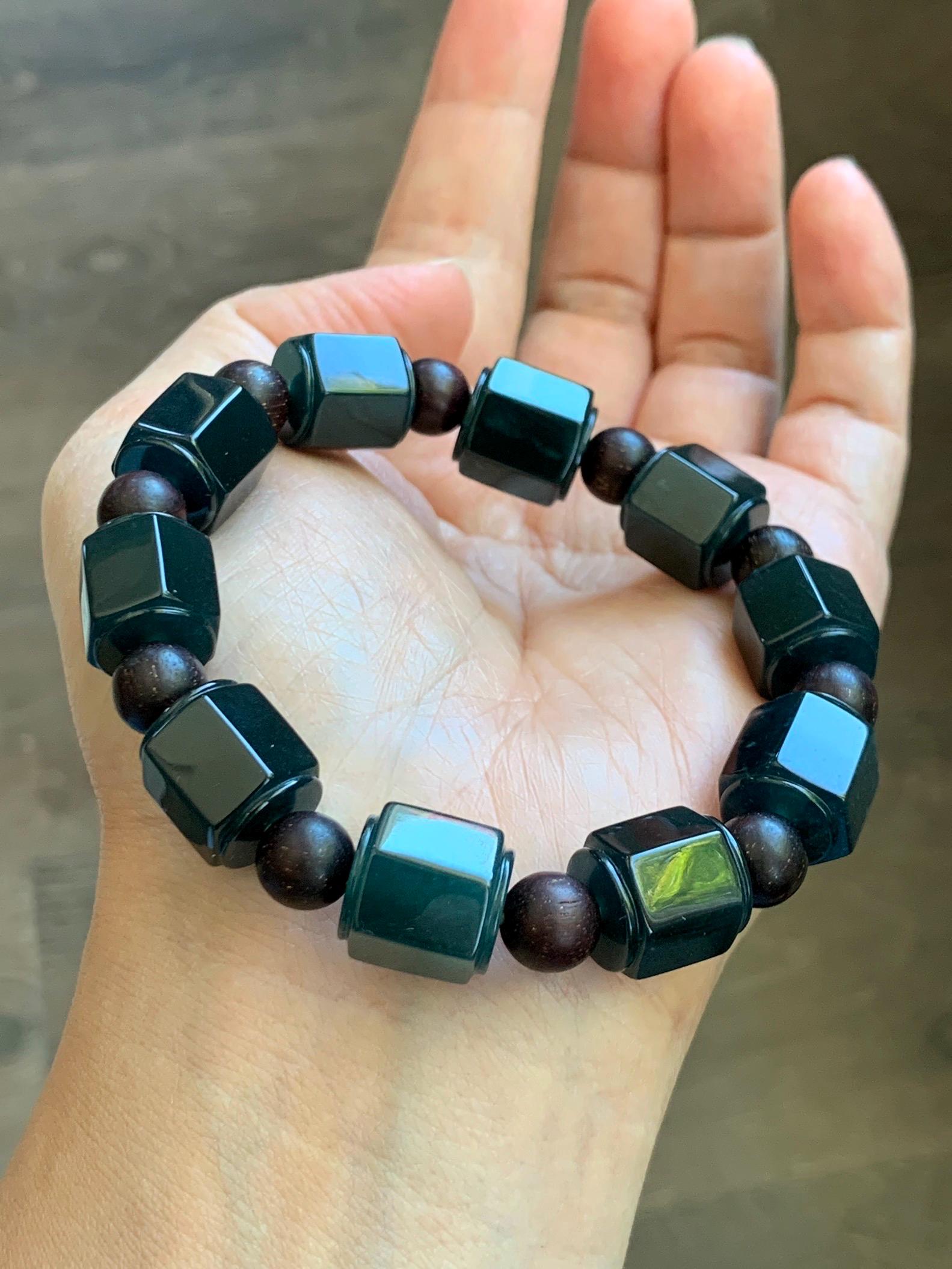 Natural Grade A Guatemalan Icy Translucent Dark Teal Blue Jade Jadeite Hexagon Barrel Beads Beaded Bracelet 7.5” 48g 天然冰胶危老蓝水翡翠六棱珠手串 WLL440